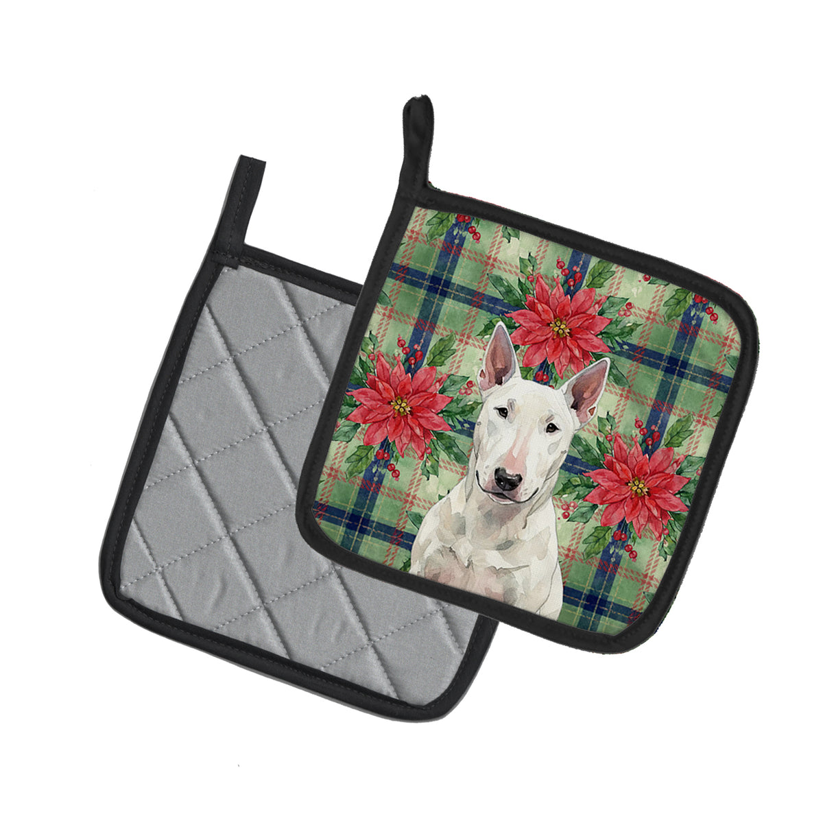 Caroline's Treasures White Bull Terrier Christmas PoinsettIas Pair of Pot Holders