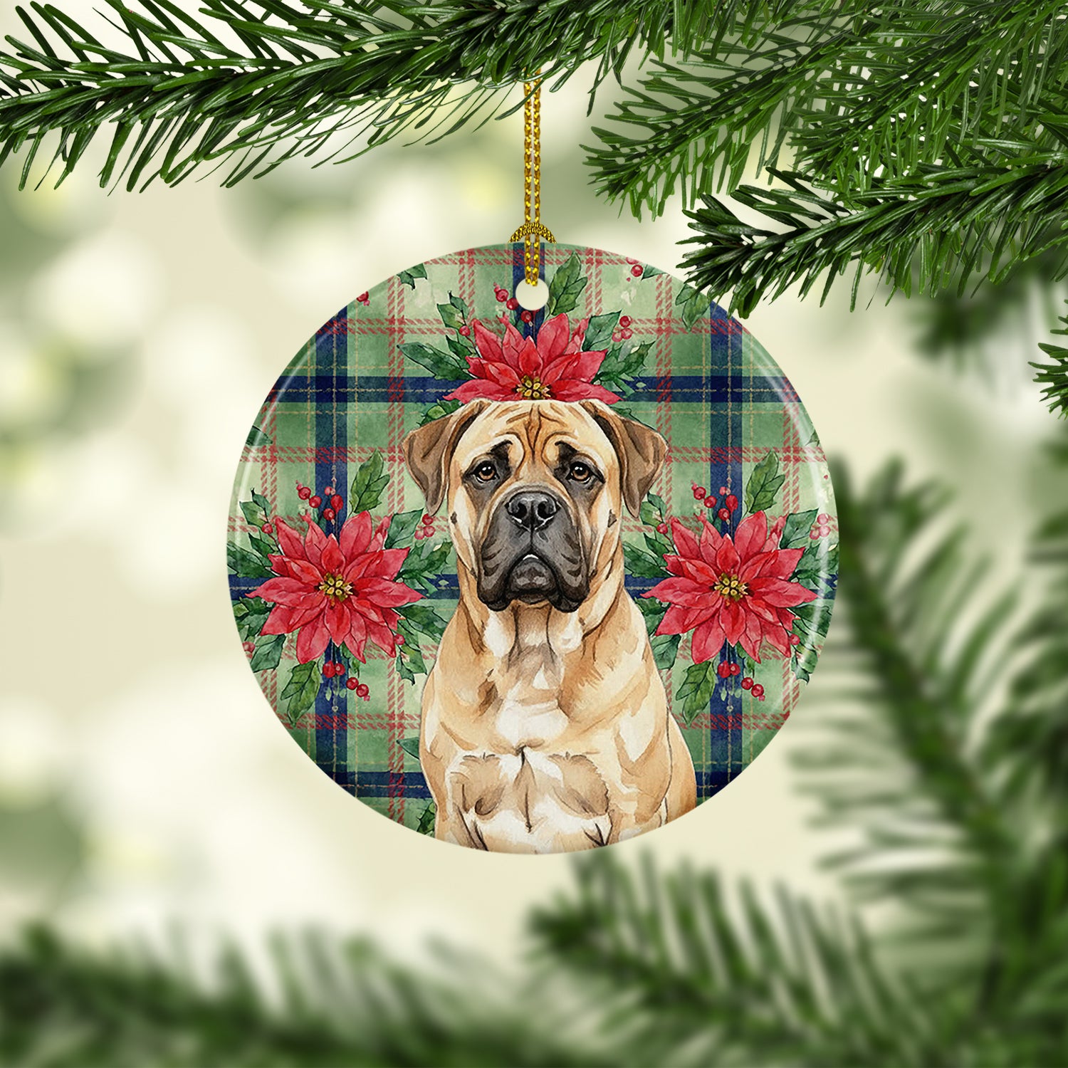 Caroline's Treasures Bullmastiff Christmas PoinsettIas Ceramic Ornament