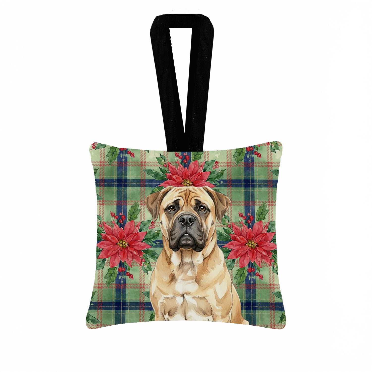 Caroline's Treasures Bullmastiff Christmas PoinsettIas Hanging Square Fabric Ornament 3.5 x 3.5