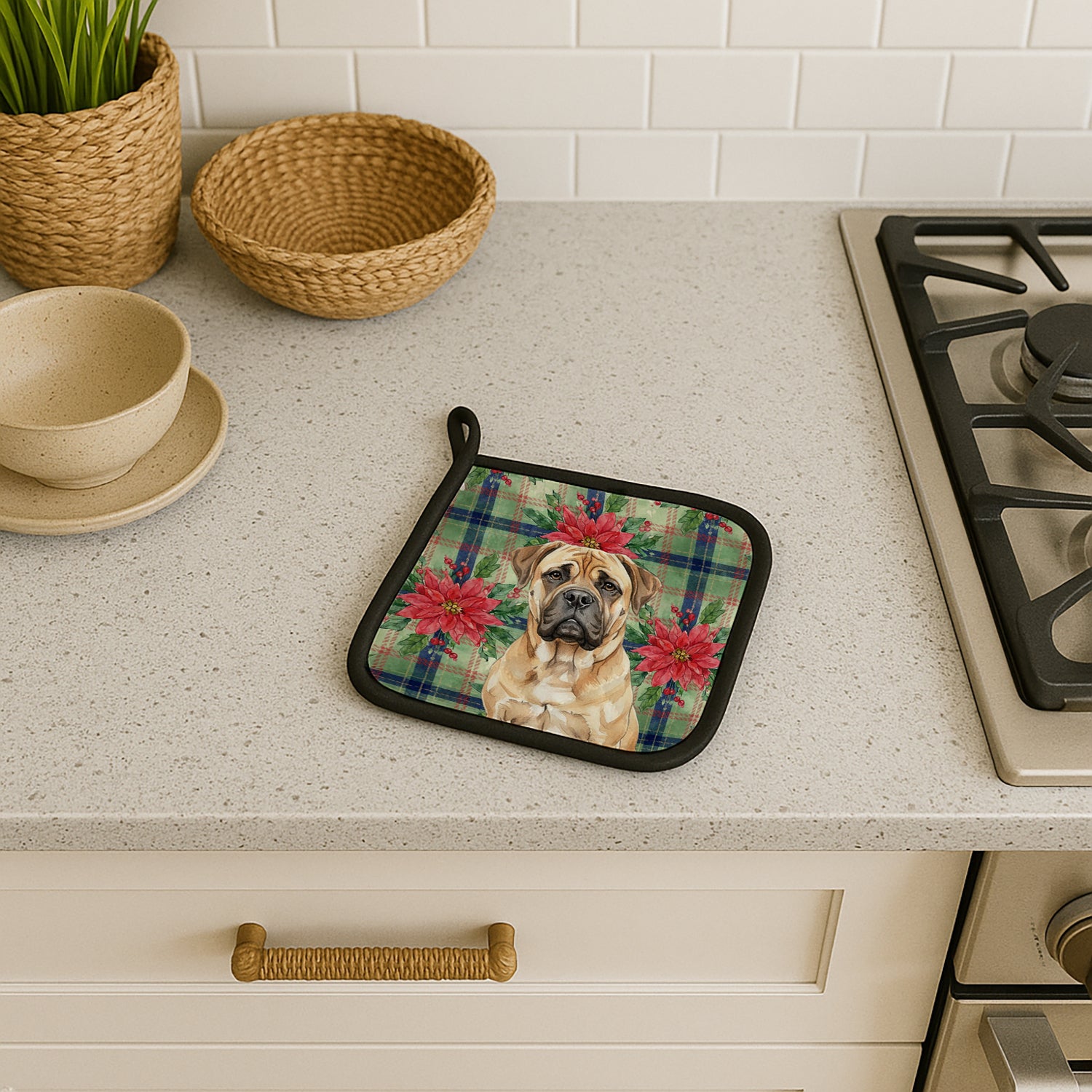 Caroline's Treasures Bullmastiff Christmas PoinsettIas Pair of Pot Holders