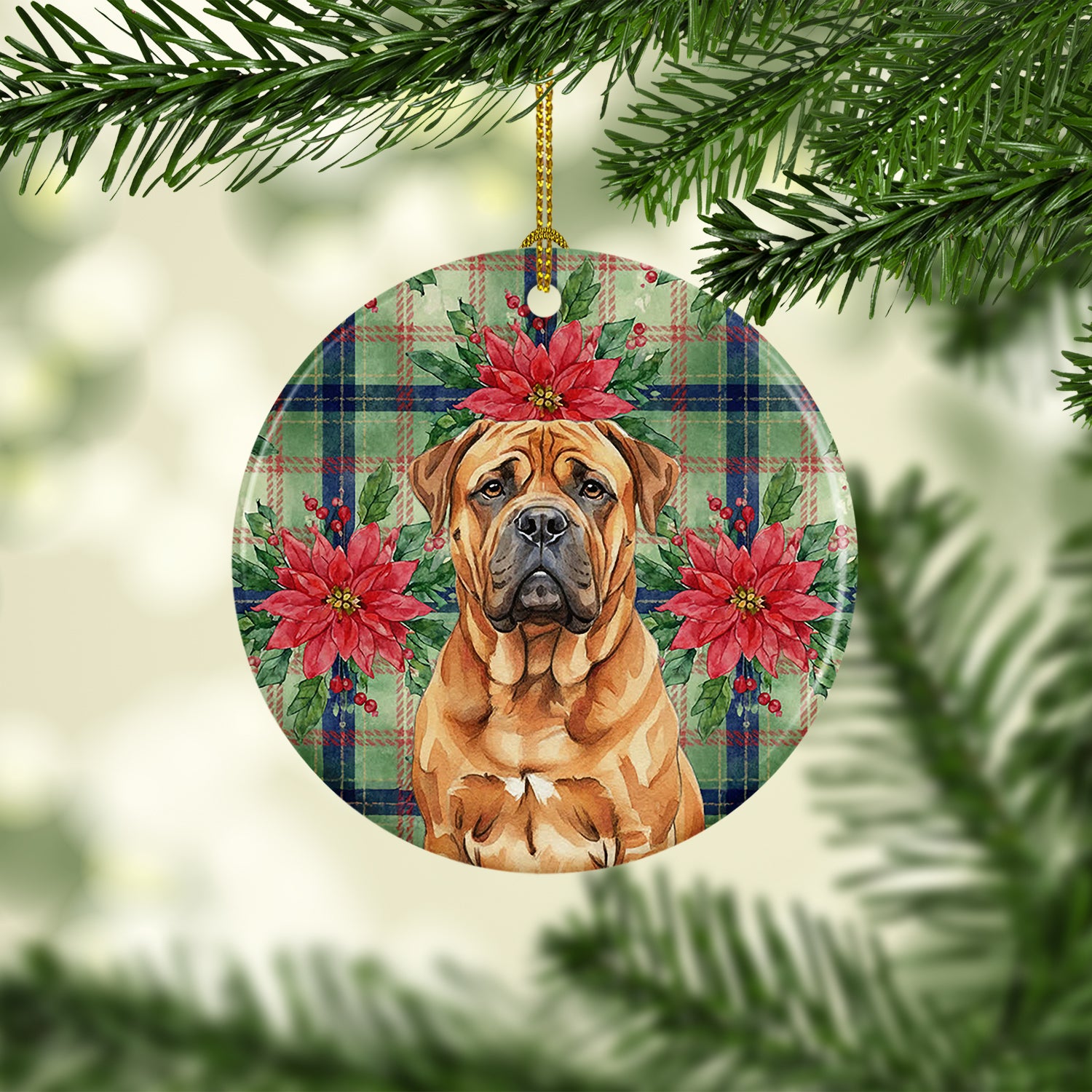 Caroline's Treasures Red Bullmastiff Christmas PoinsettIas Ceramic Ornament