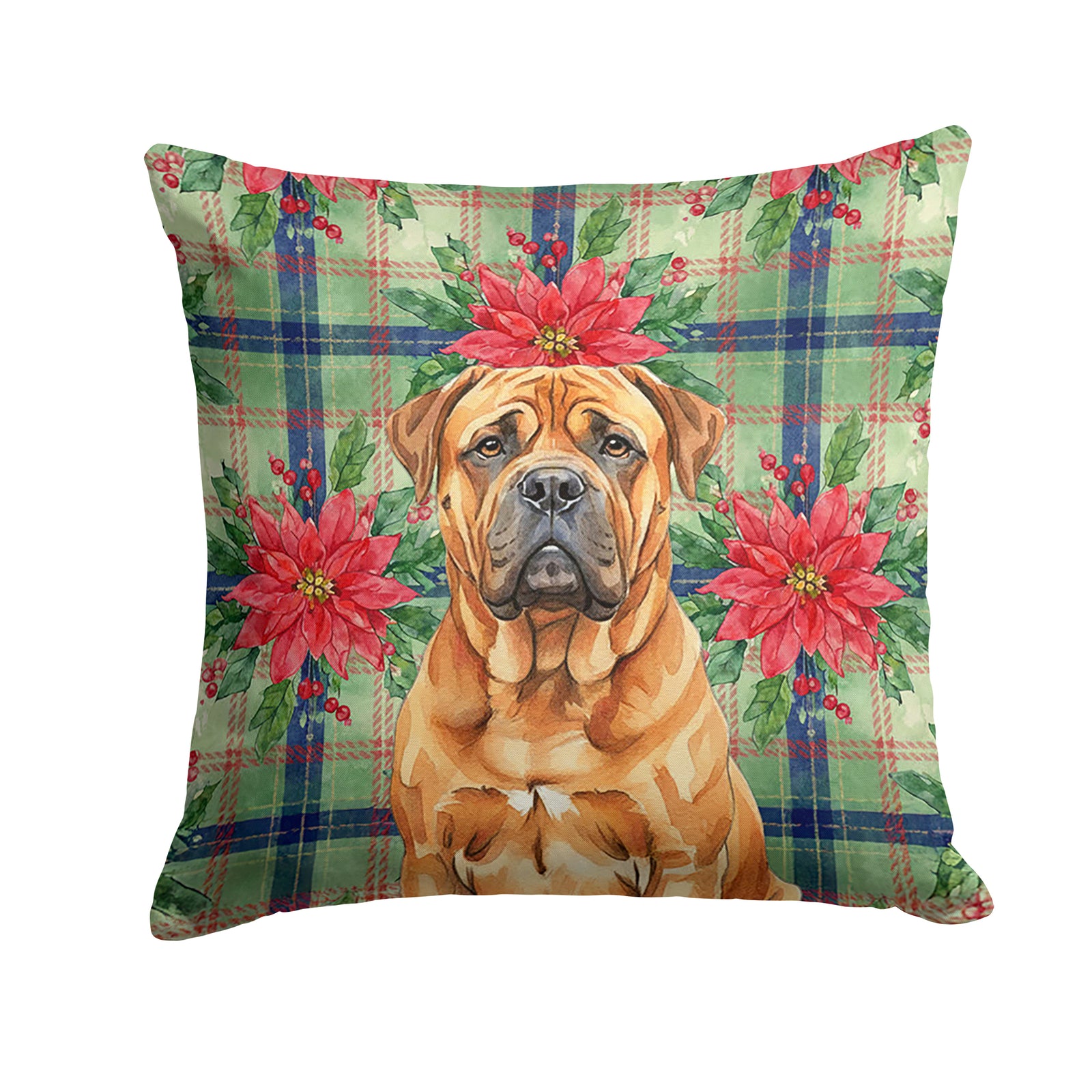 Caroline's Treasures Red Bullmastiff Christmas PoinsettIas Throw Pillow
