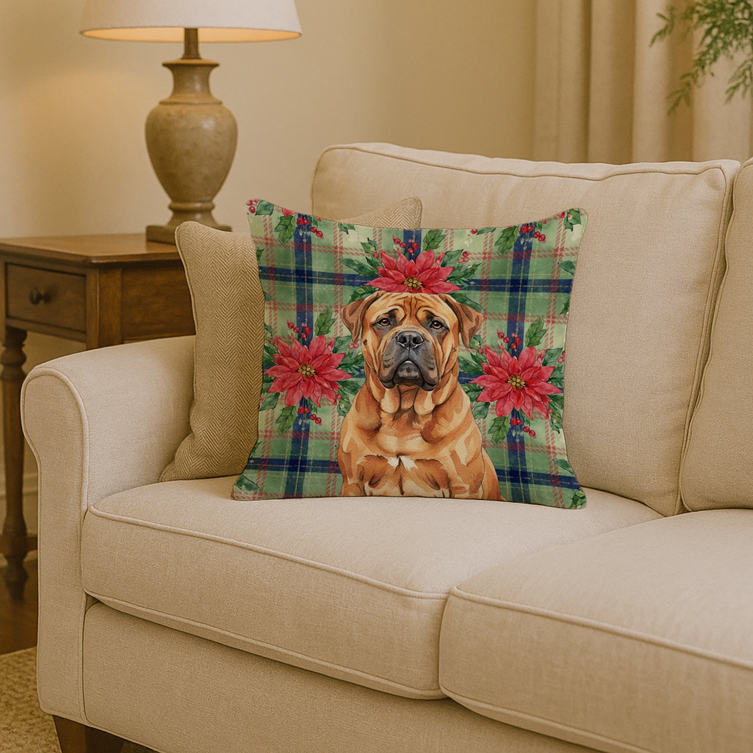 Caroline's Treasures Red Bullmastiff Christmas PoinsettIas Throw Pillow
