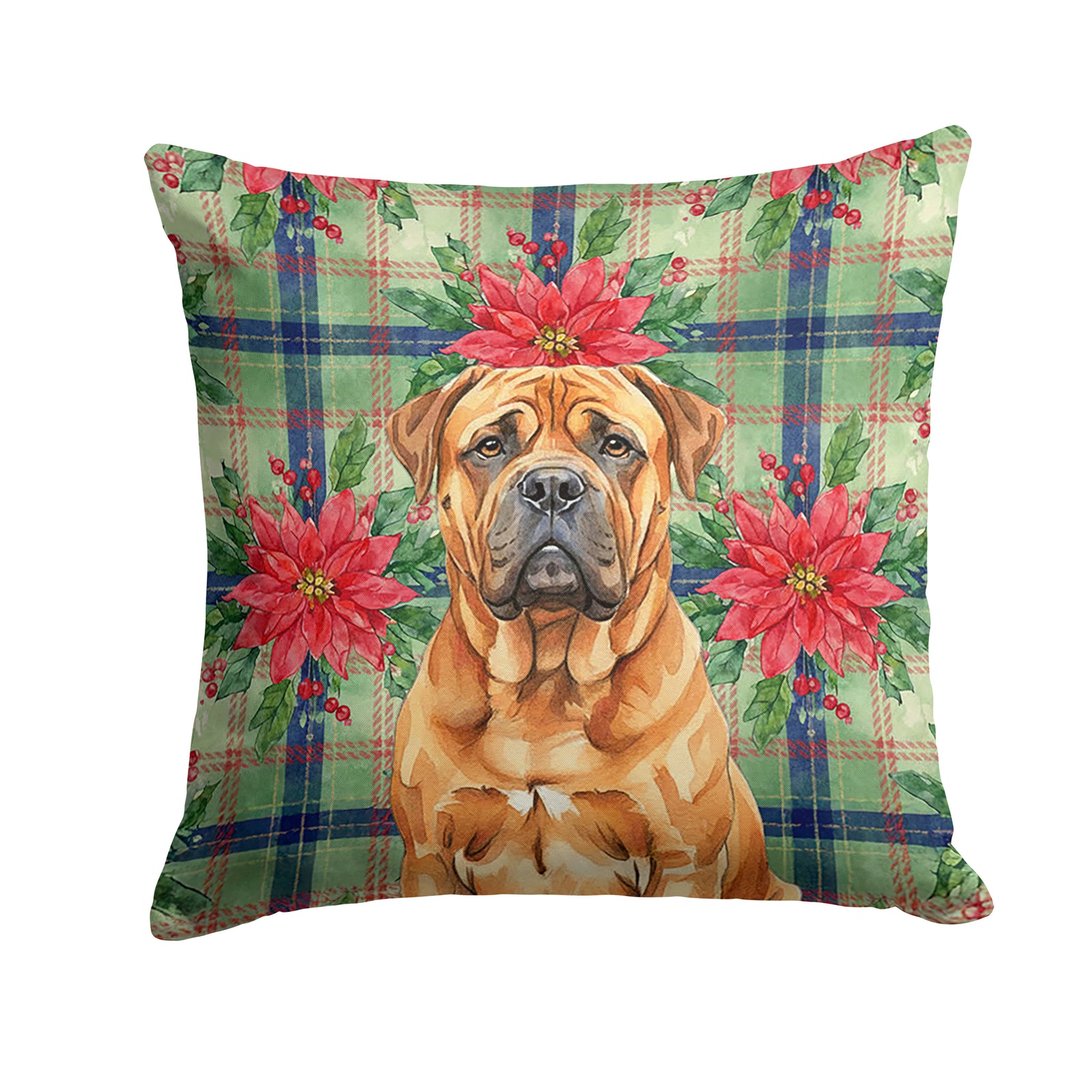 Caroline's Treasures Red Bullmastiff Christmas PoinsettIas Throw Pillow