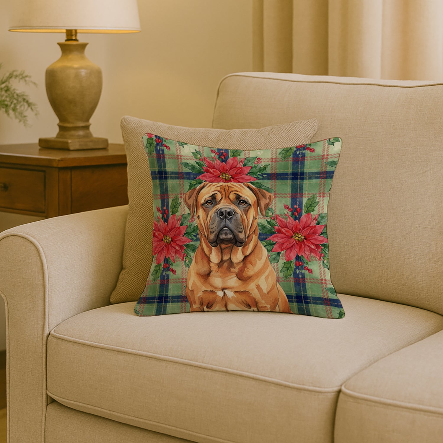 Caroline's Treasures Red Bullmastiff Christmas PoinsettIas Throw Pillow