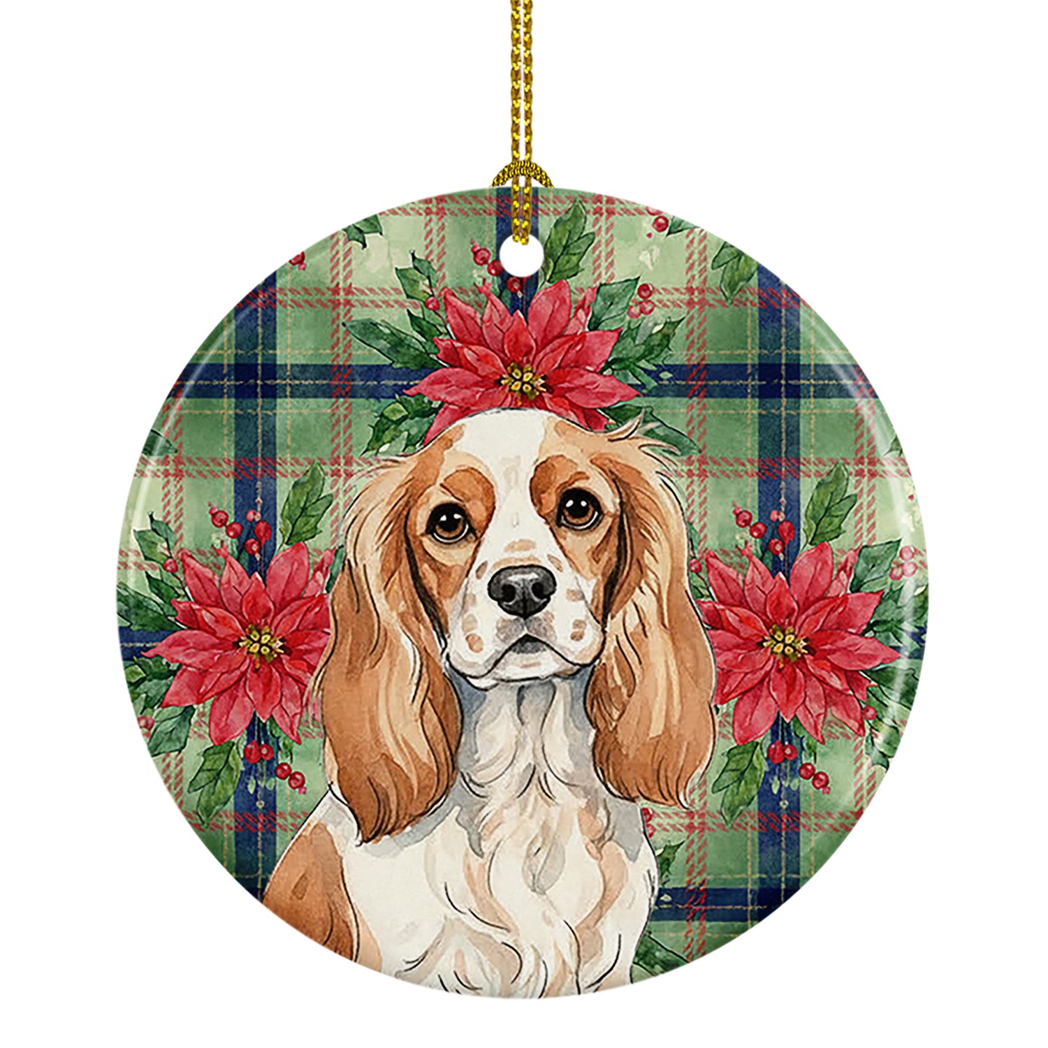Caroline's Treasures Blenheim Cavalier Spaniel Christmas PoinsettIas Ceramic Ornament