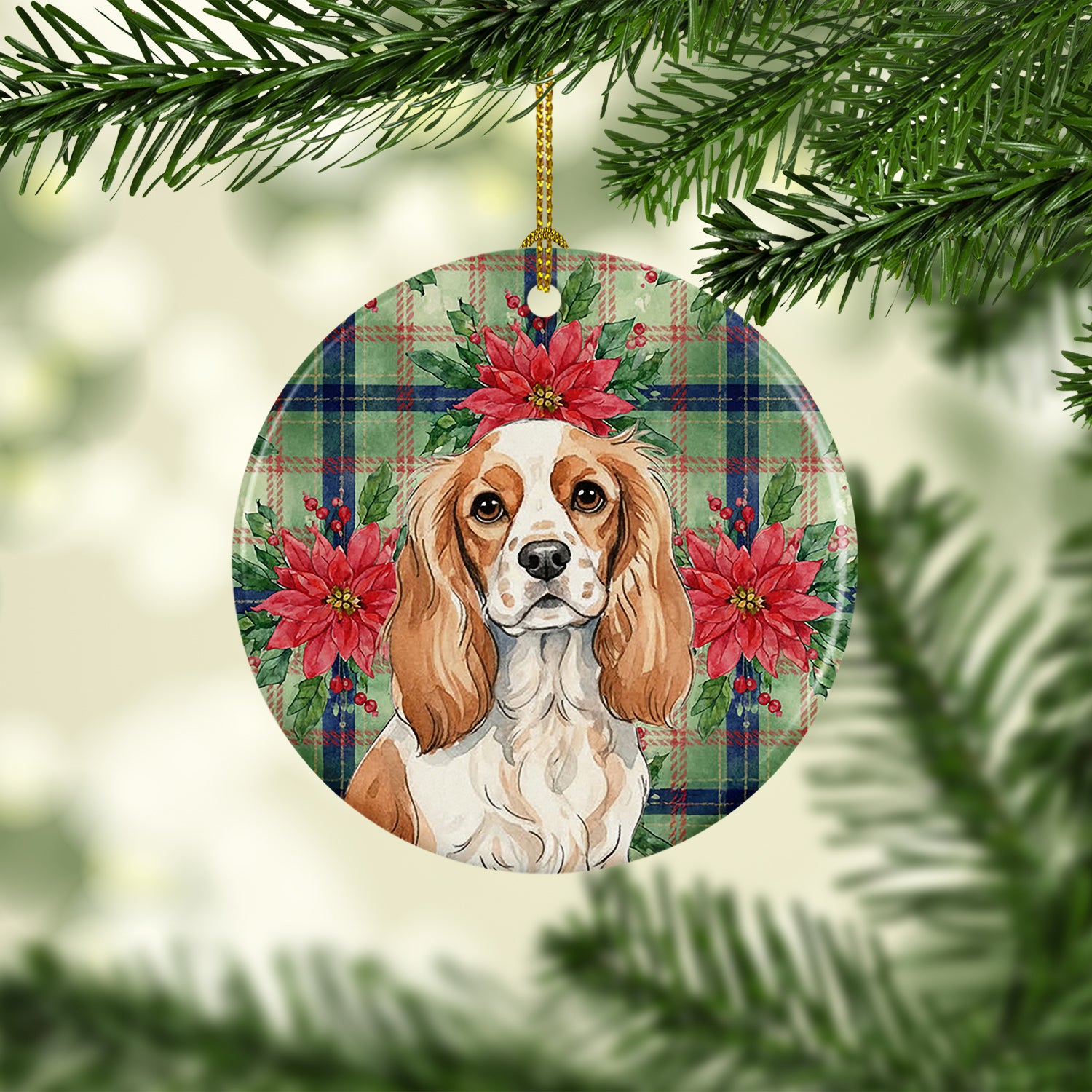 Caroline's Treasures Blenheim Cavalier Spaniel Christmas PoinsettIas Ceramic Ornament