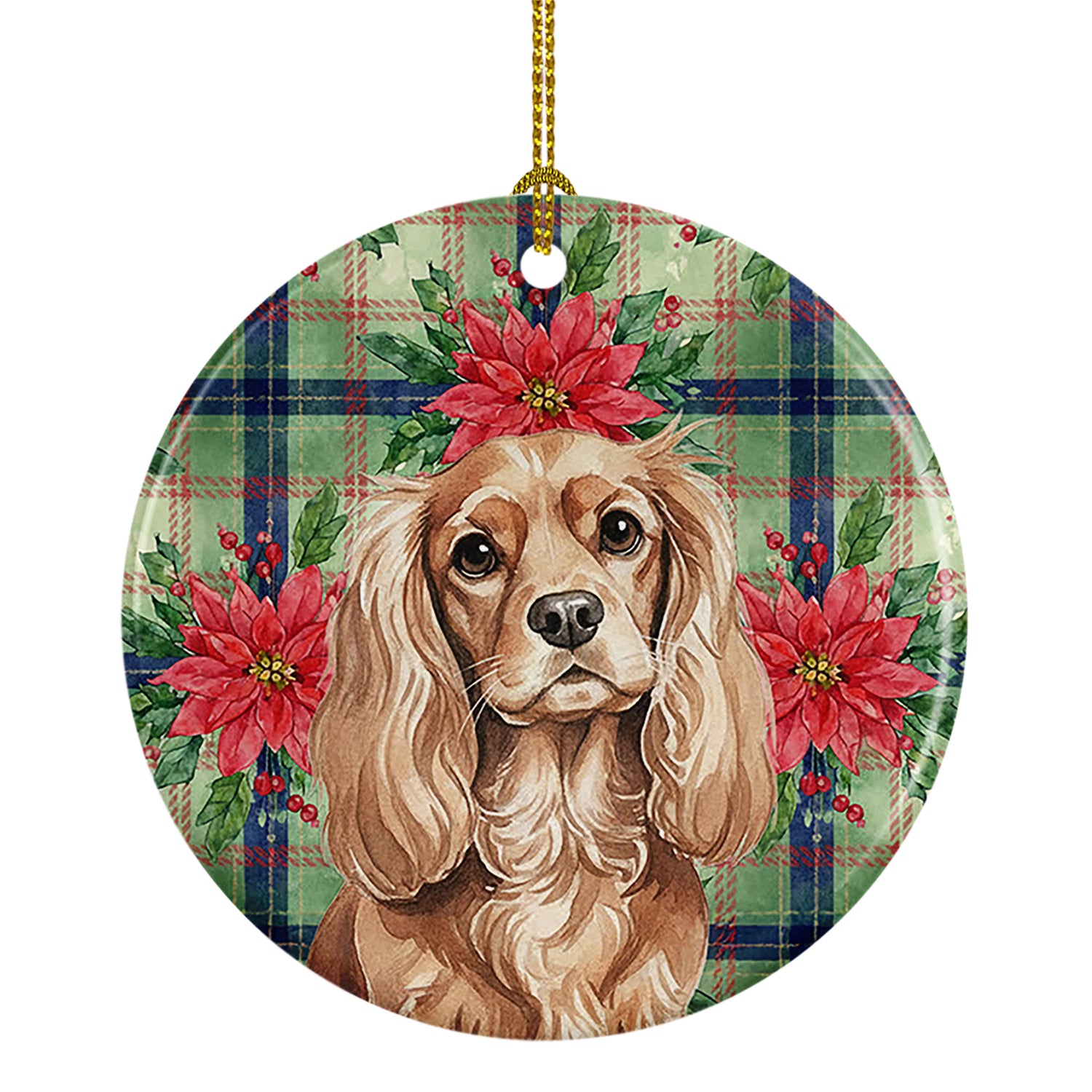 Caroline's Treasures Ruby Cavalier Spaniel Christmas PoinsettIas Ceramic Ornament
