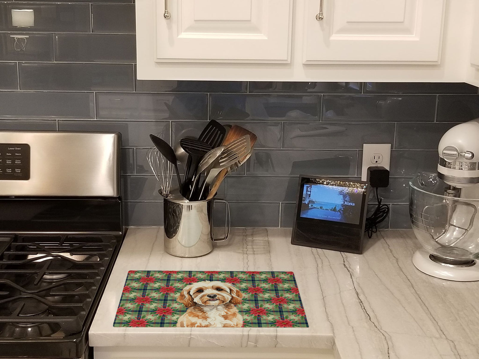 Caroline's Treasures Cavapoo Christmas PoinsettIas Glass Cutting Board