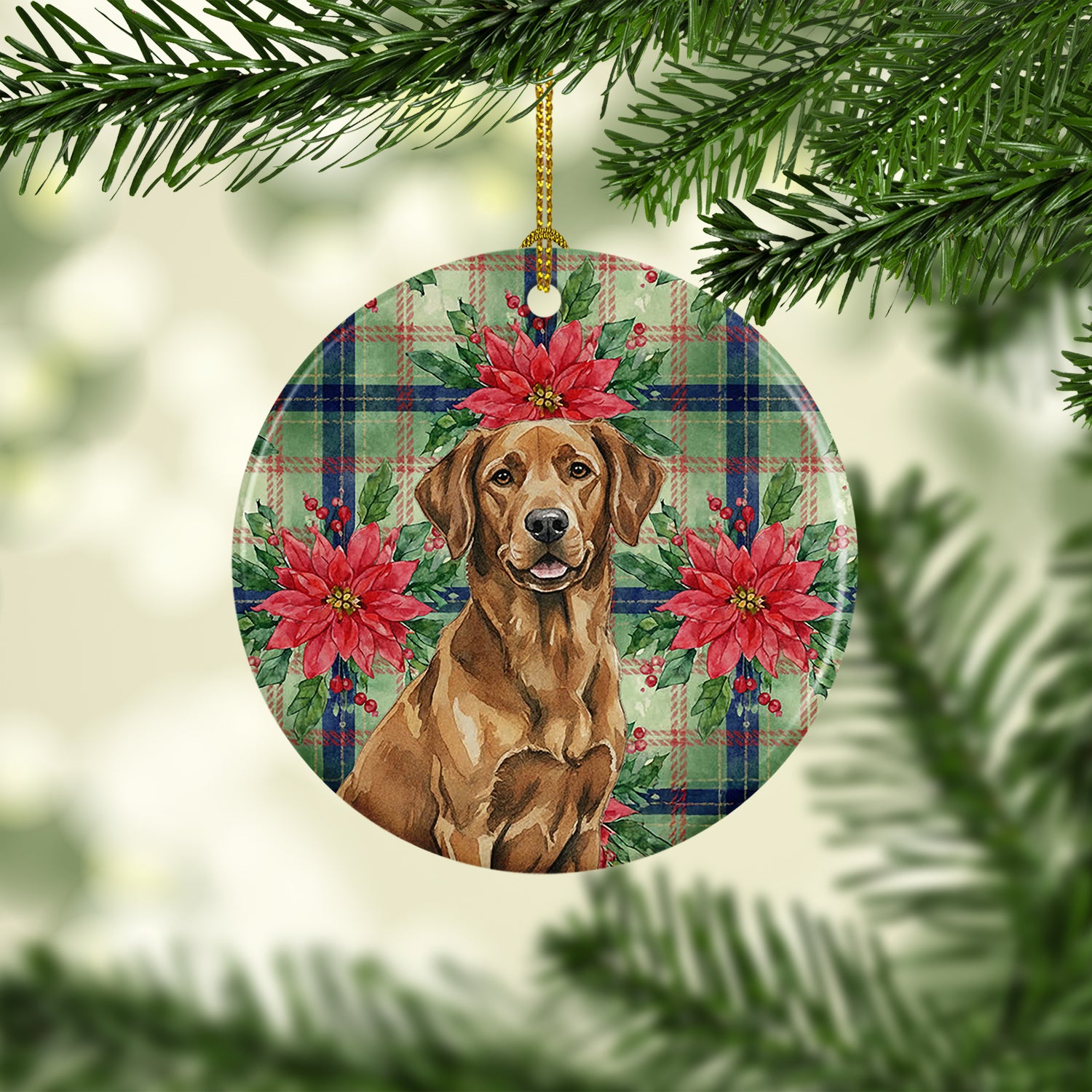 Caroline's Treasures Chesapeake Bay Retriever Christmas PoinsettIas Ceramic Ornament