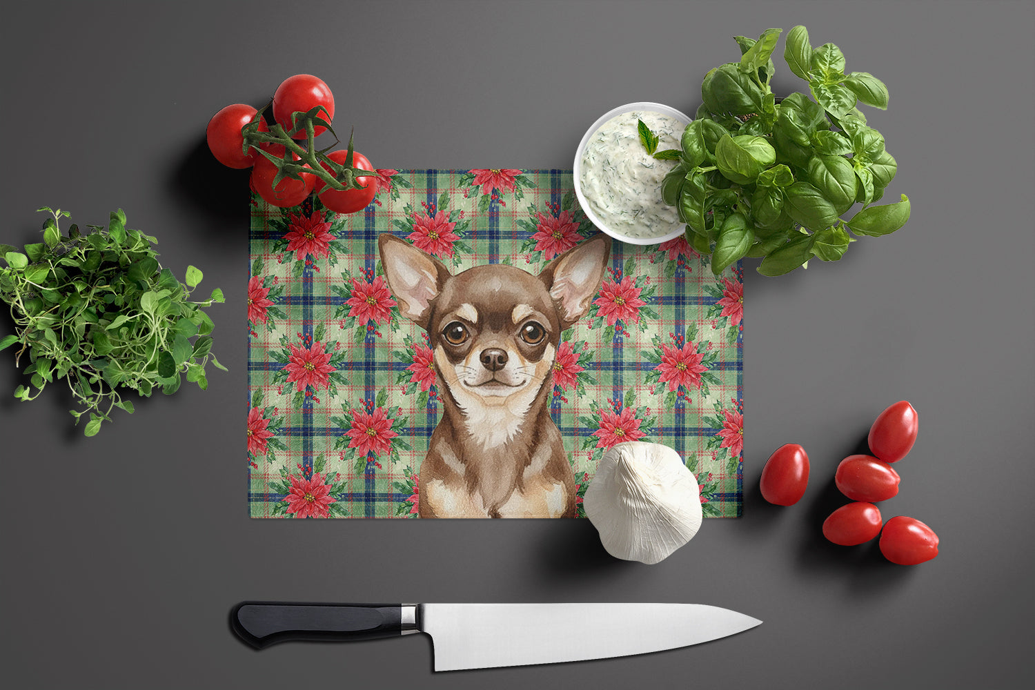 Caroline's Treasures Chocolate Chihuahua Christmas PoinsettIas Glass Cutting Board