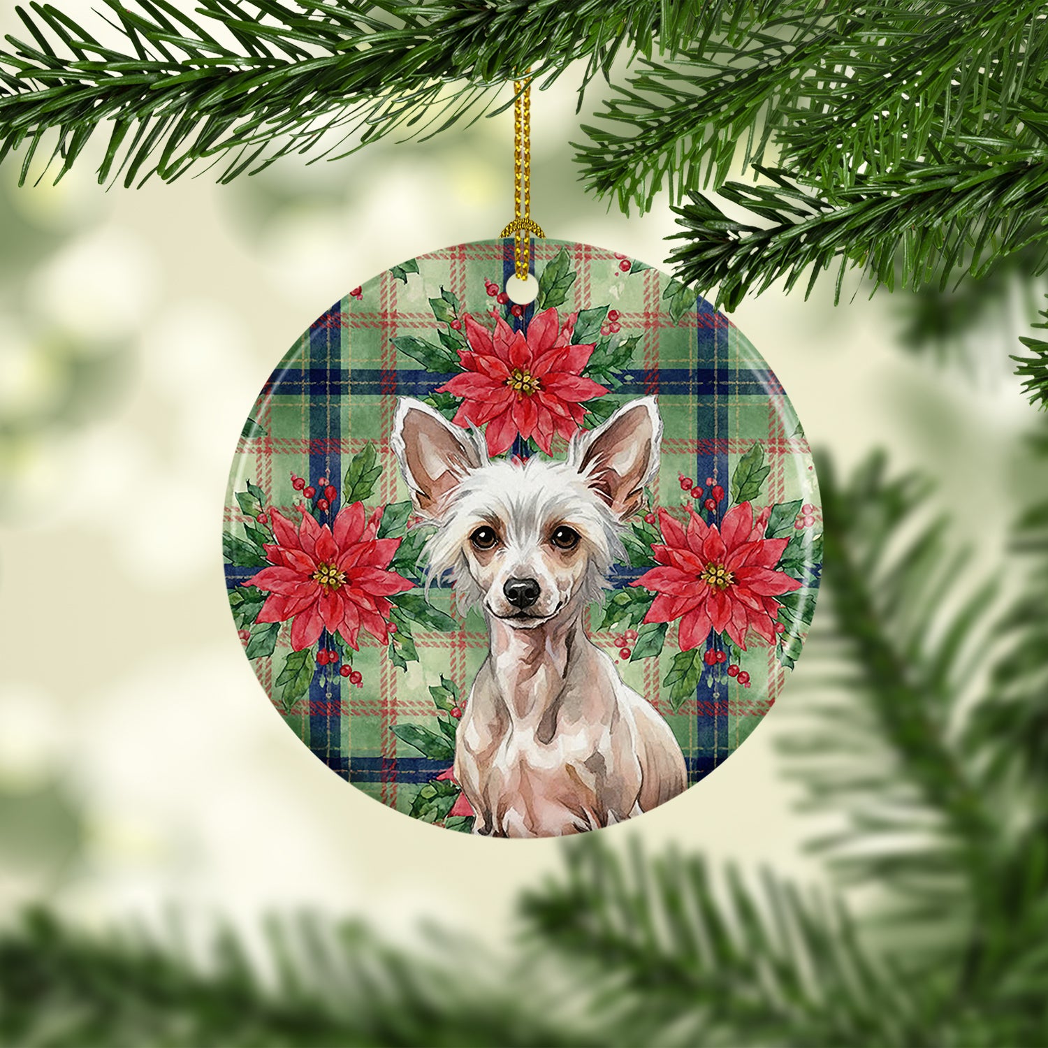 Caroline's Treasures Hairless Chinese Crested Christmas PoinsettIas Ceramic Ornament