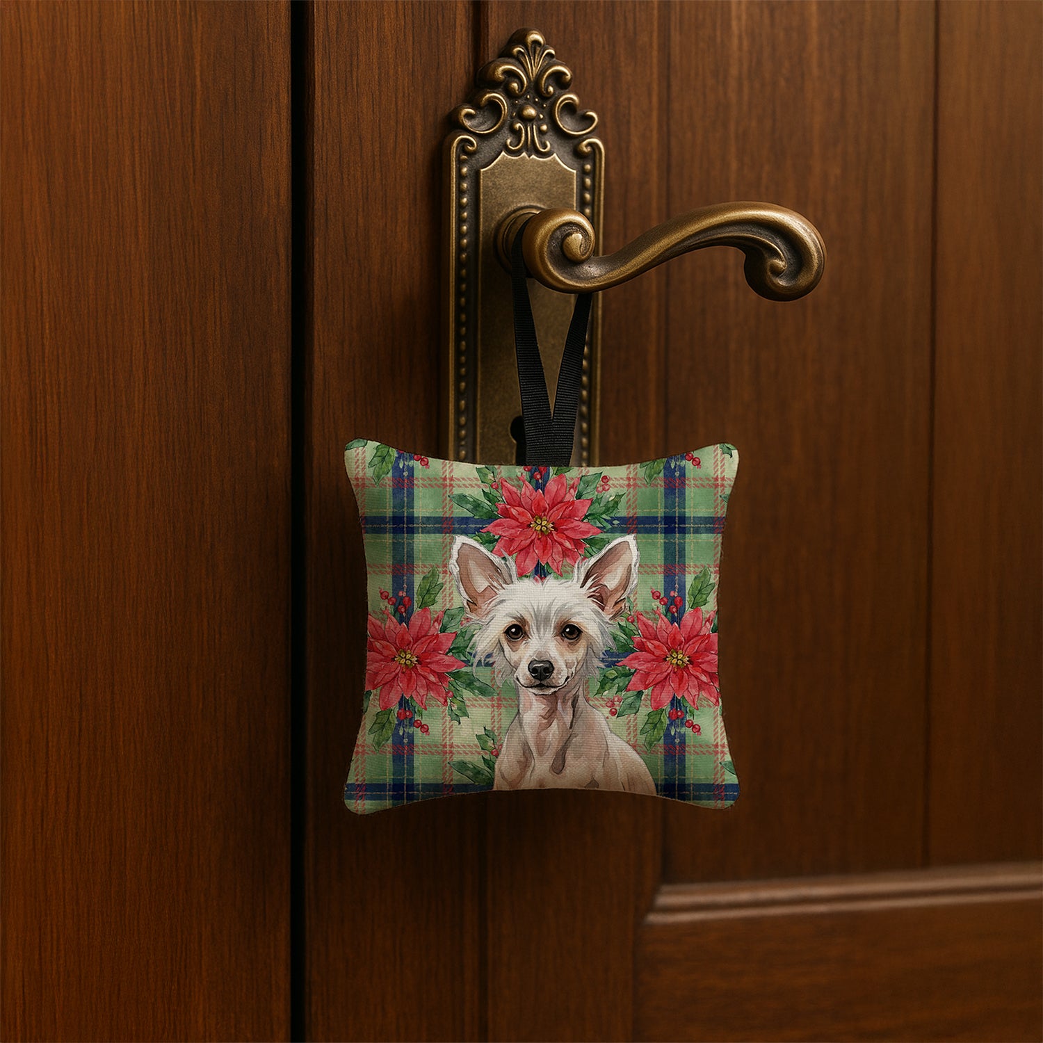 Caroline's Treasures Hairless Chinese Crested Christmas PoinsettIas Hanging Square Fabric Ornament 3.5 x 3.5