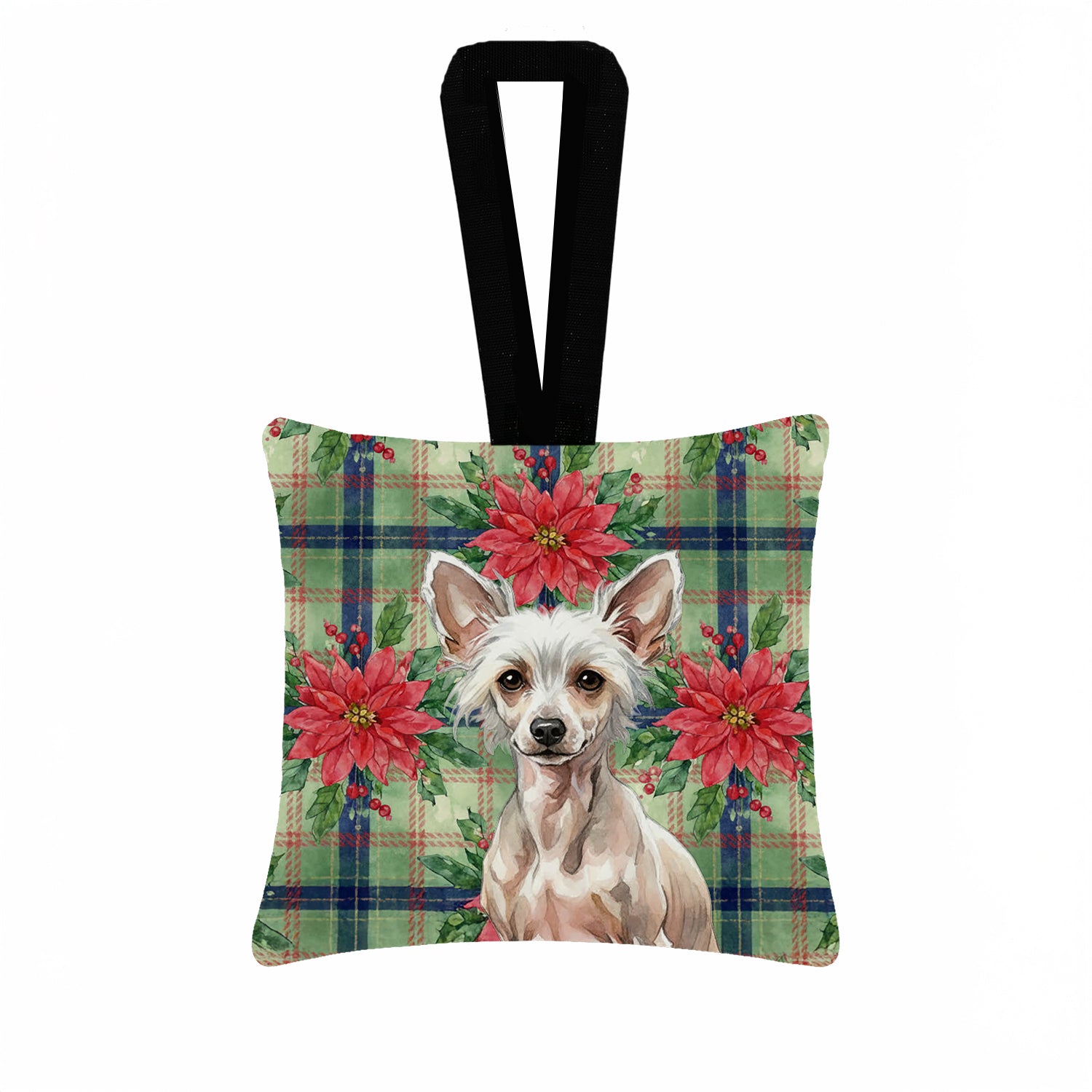 Caroline's Treasures Hairless Chinese Crested Christmas PoinsettIas Hanging Square Fabric Ornament 3.5 x 3.5