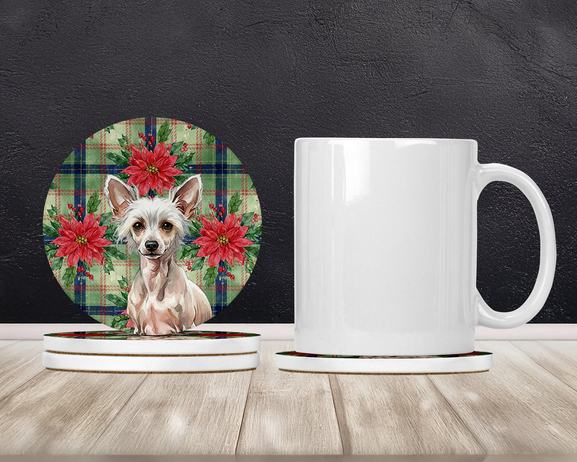 Caroline's Treasures Hairless Chinese Crested Christmas PoinsettIas Large Sandstone Coasters Pack of 4
