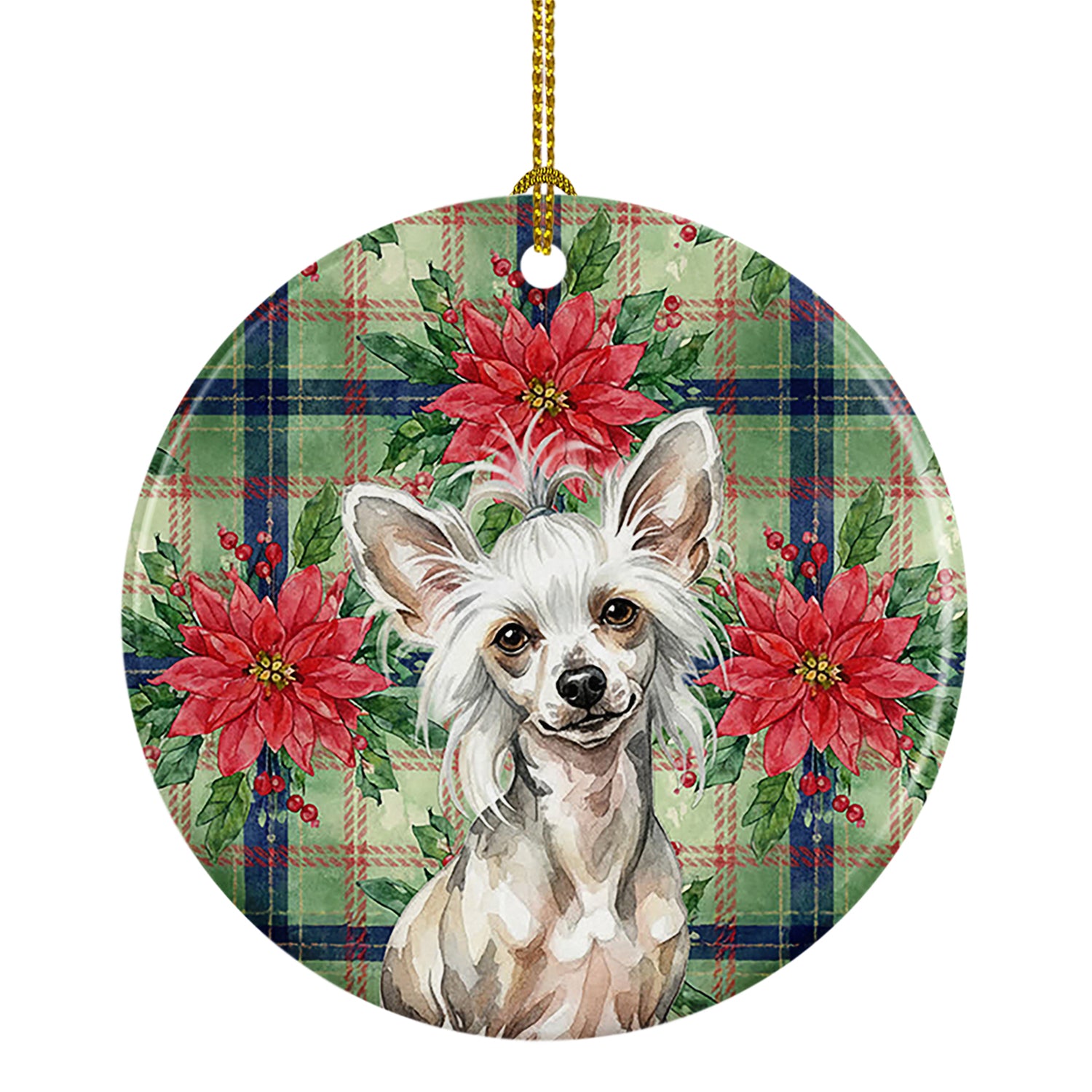 Caroline's Treasures Hairless Mottled Pattern Chinese Crested Christmas PoinsettIas Ceramic Ornament