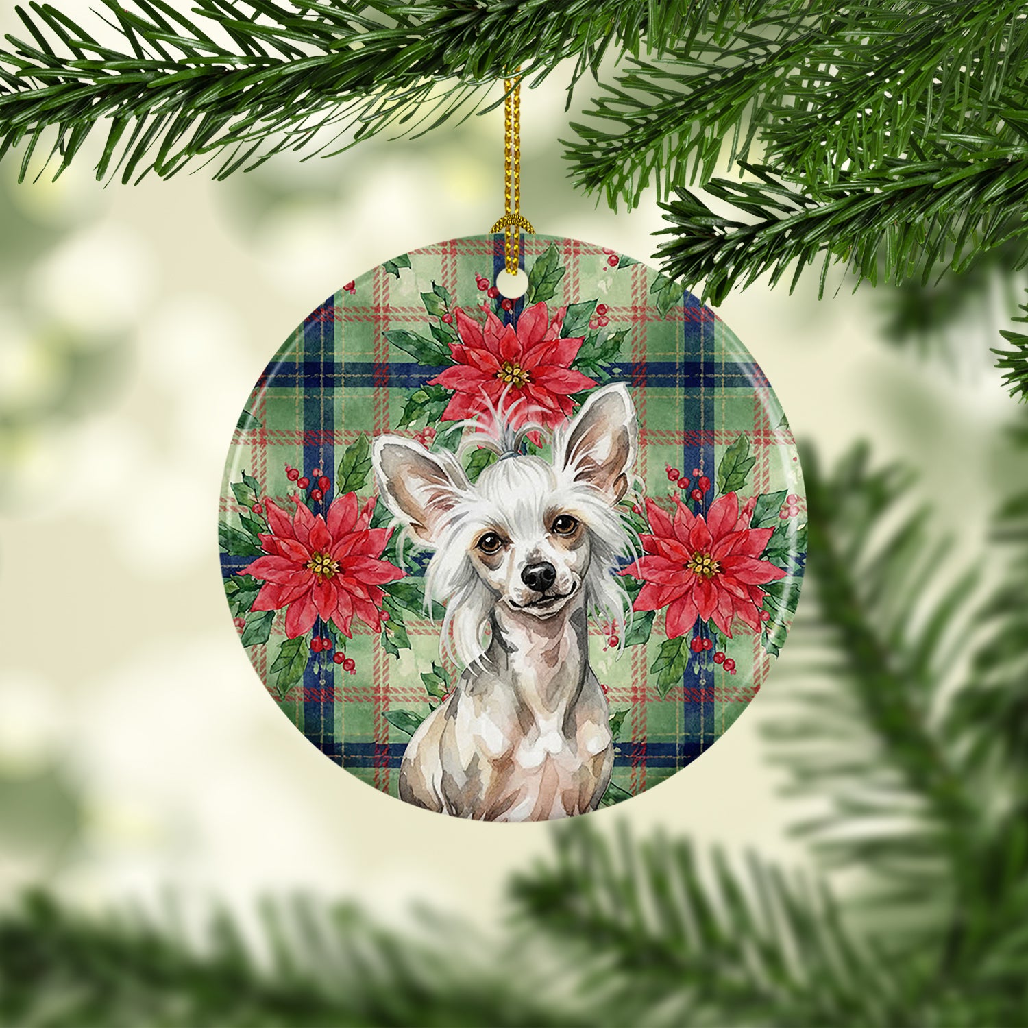 Caroline's Treasures Hairless Mottled Pattern Chinese Crested Christmas PoinsettIas Ceramic Ornament