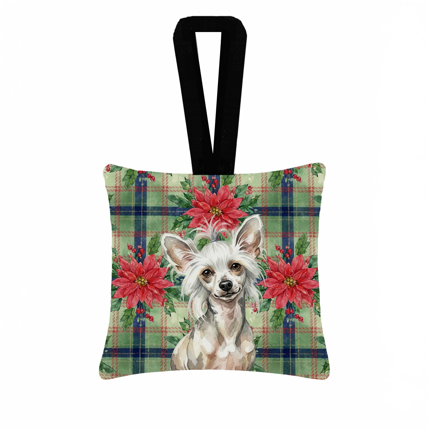 Caroline's Treasures Hairless Mottled Pattern Chinese Crested Christmas PoinsettIas Hanging Square Fabric Ornament 3.5 x 3.5