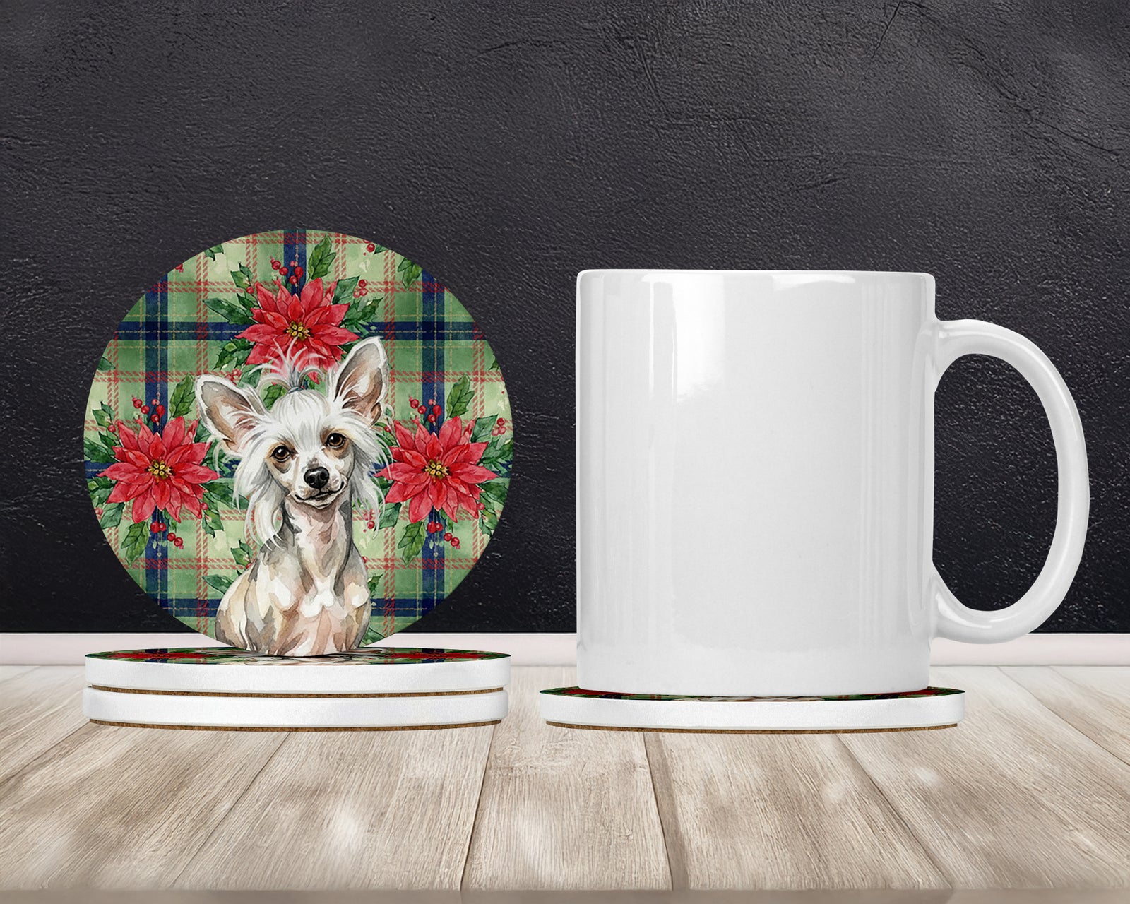 Caroline's Treasures Hairless Mottled Pattern Chinese Crested Christmas PoinsettIas Large Sandstone Coasters Pack of 4
