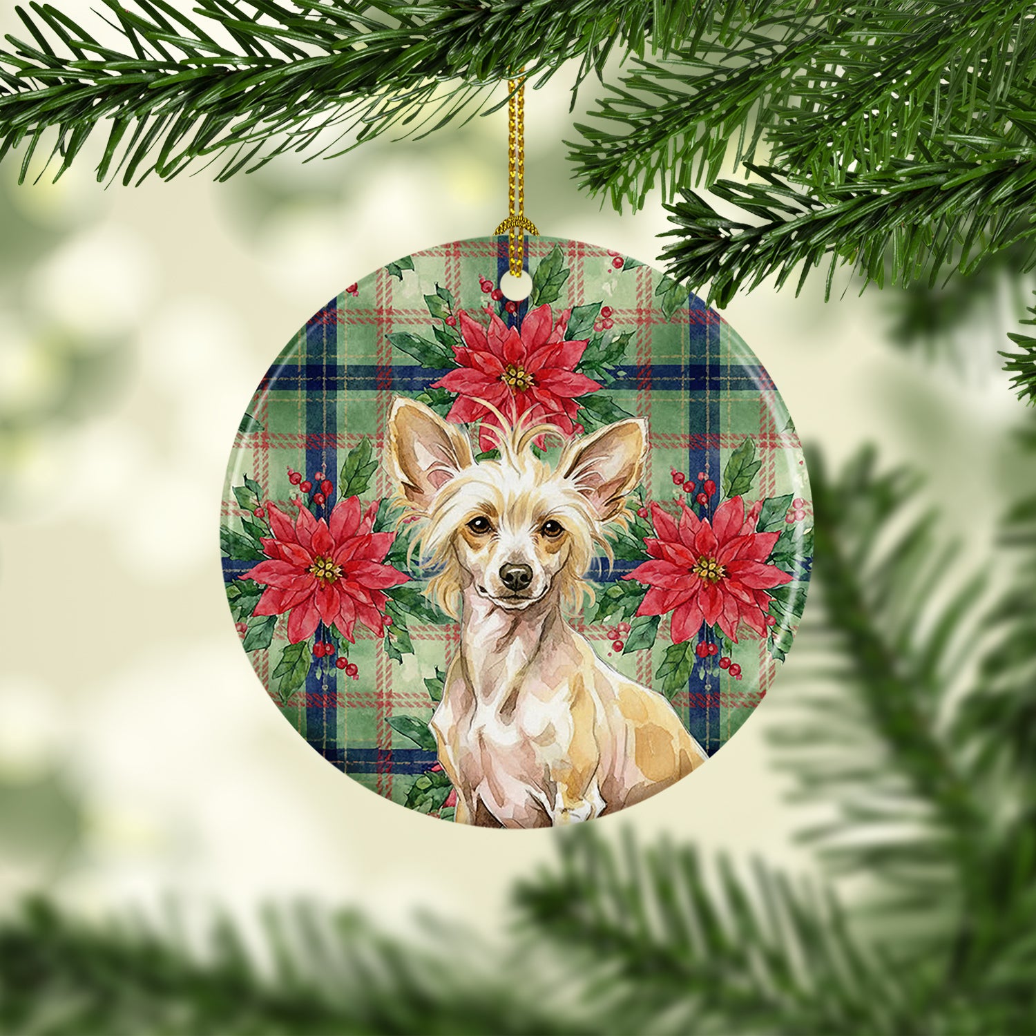 Caroline's Treasures Hairless Palomino Chinese Crested Christmas PoinsettIas Ceramic Ornament