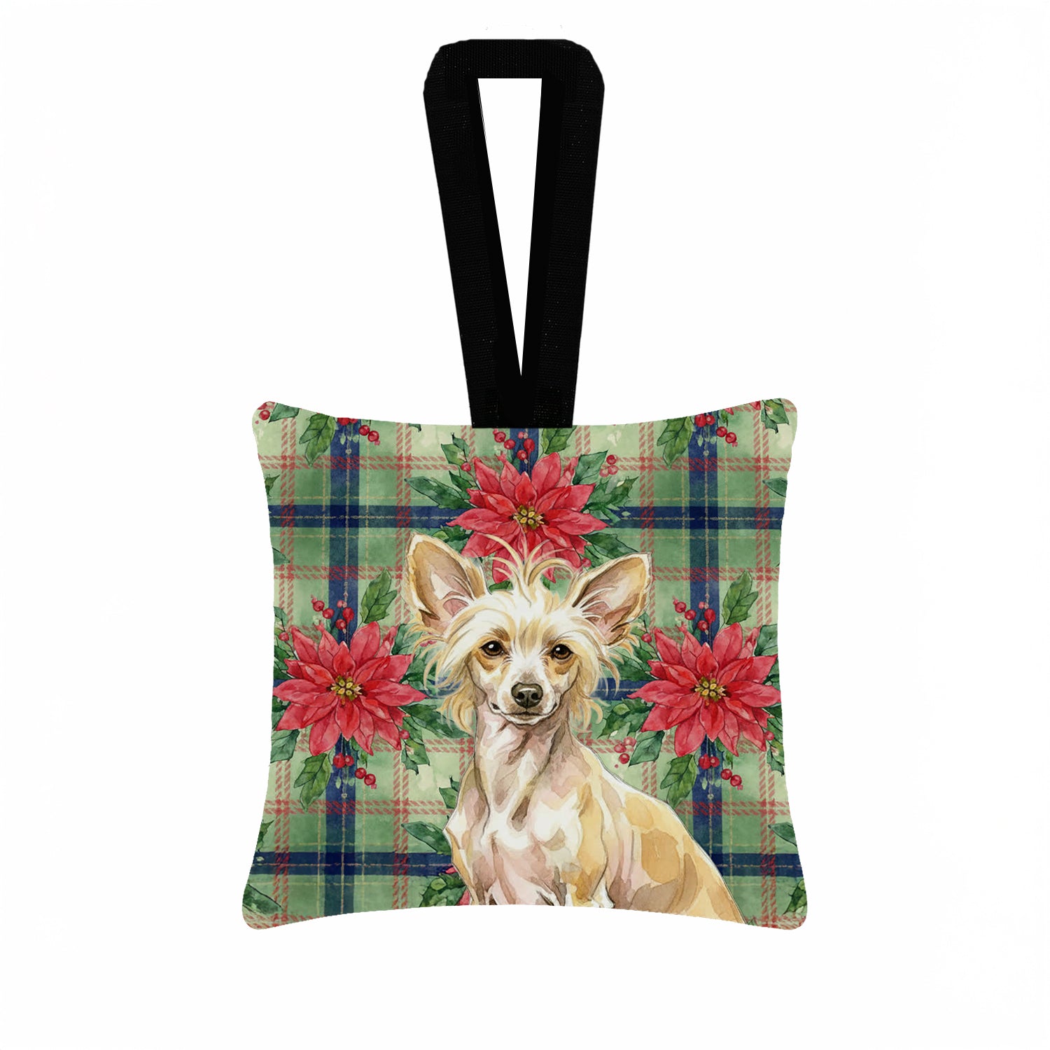 Caroline's Treasures Hairless Palomino Chinese Crested Christmas PoinsettIas Hanging Square Fabric Ornament 3.5 x 3.5