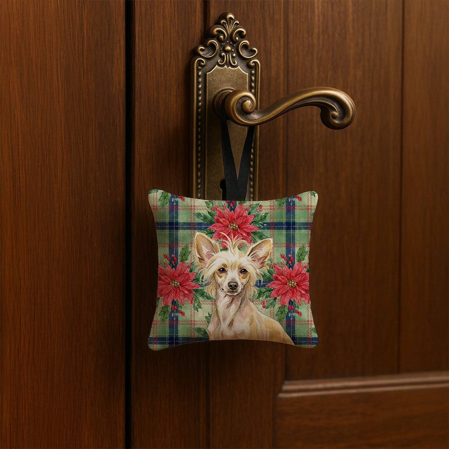 Caroline's Treasures Hairless Palomino Chinese Crested Christmas PoinsettIas Hanging Square Fabric Ornament 3.5 x 3.5