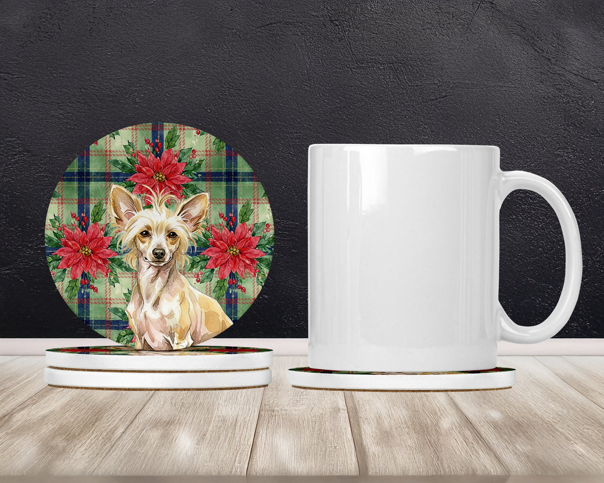 Caroline's Treasures Hairless Palomino Chinese Crested Christmas PoinsettIas Large Sandstone Coasters Pack of 4