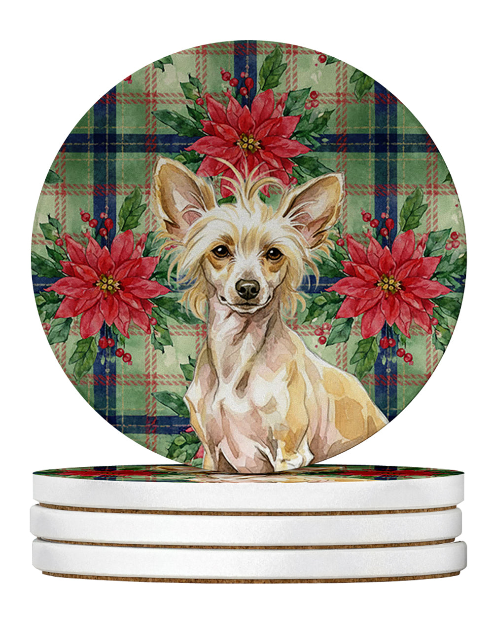 Caroline's Treasures Hairless Palomino Chinese Crested Christmas PoinsettIas Large Sandstone Coasters Pack of 4