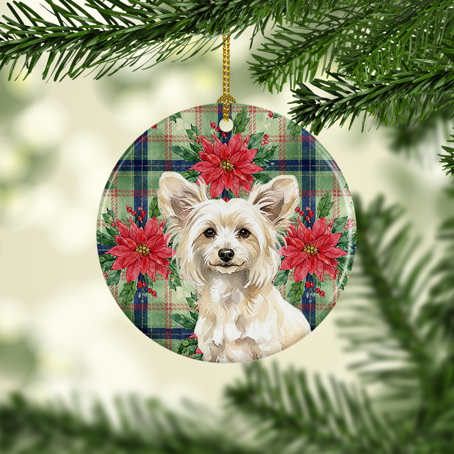 Caroline's Treasures Powderpuff Chinese Crested Christmas PoinsettIas Ceramic Ornament