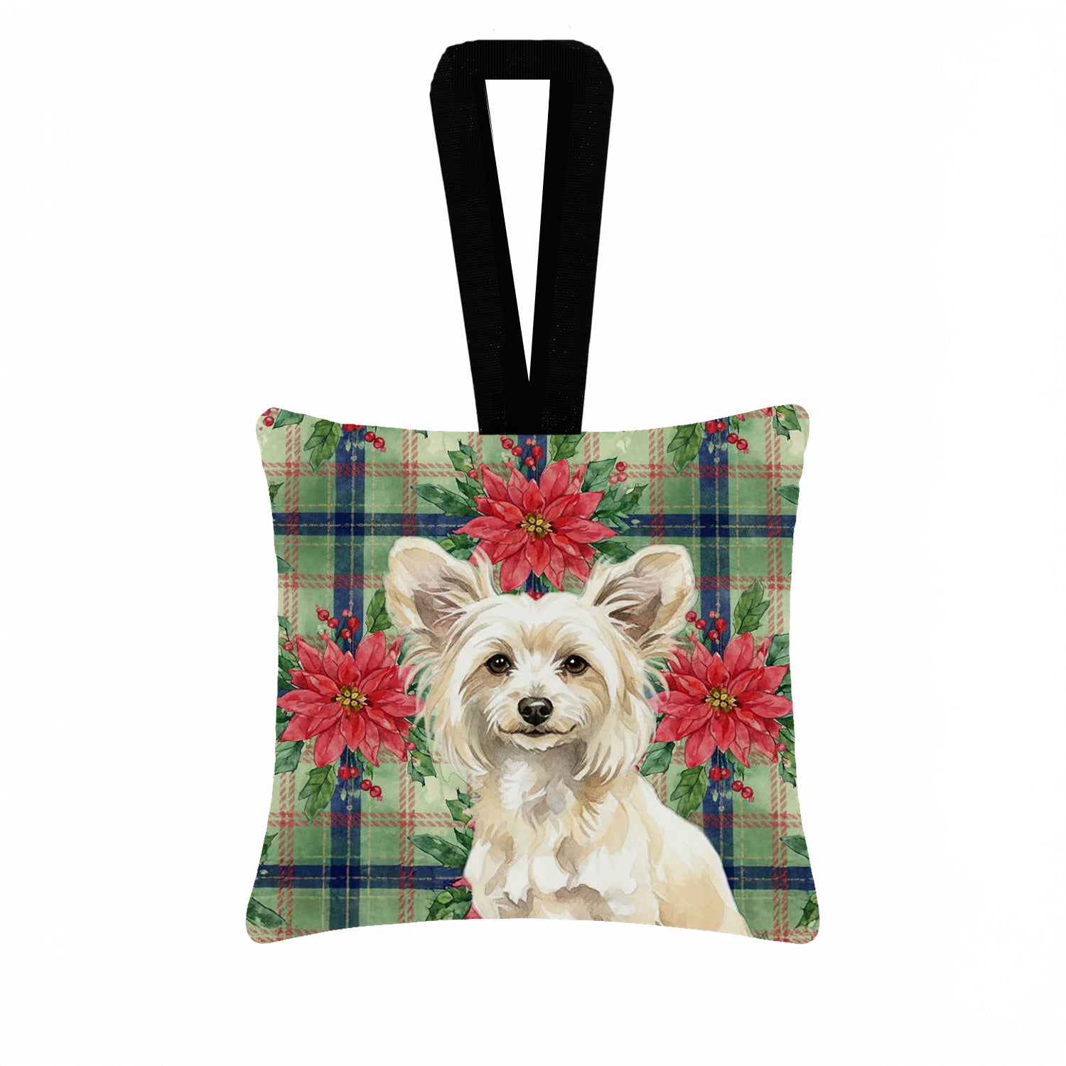 Caroline's Treasures Powderpuff Chinese Crested Christmas PoinsettIas Hanging Square Fabric Ornament 3.5 x 3.5