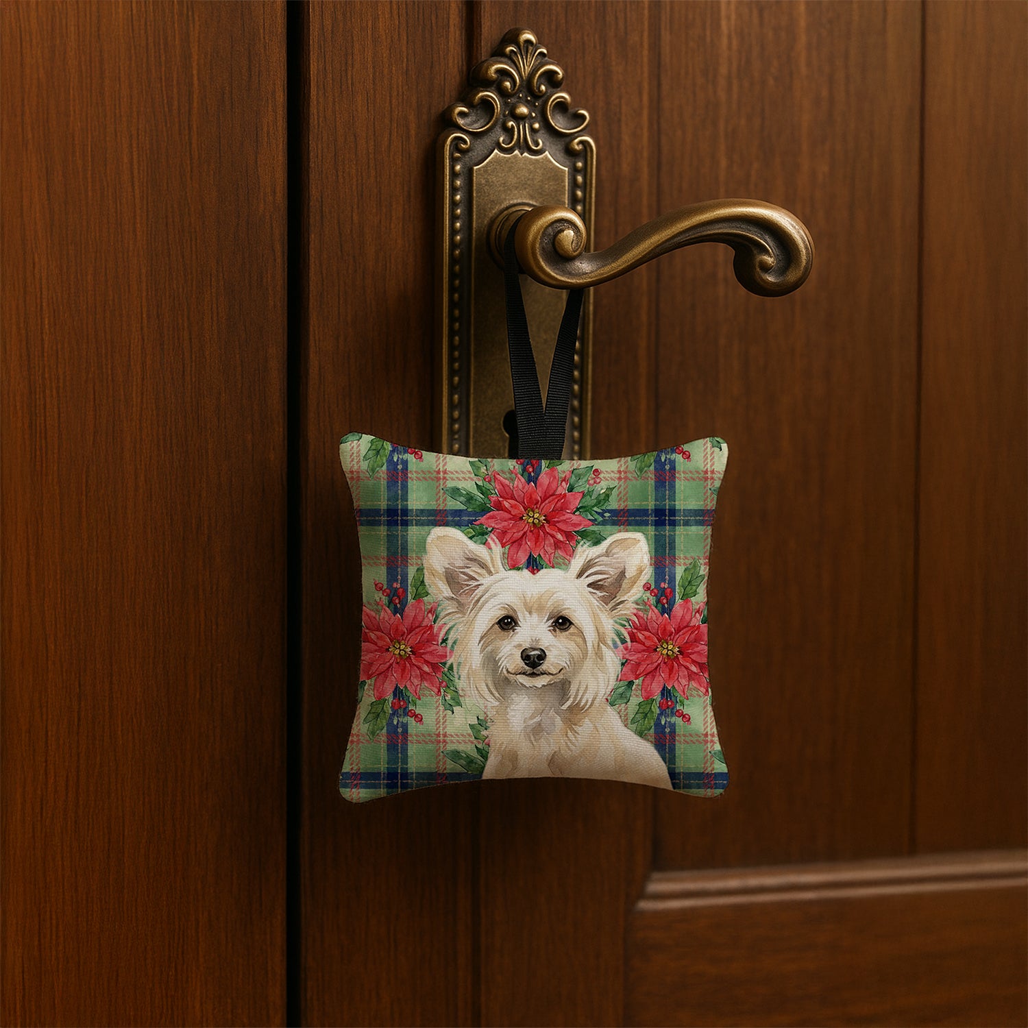 Caroline's Treasures Powderpuff Chinese Crested Christmas PoinsettIas Hanging Square Fabric Ornament 3.5 x 3.5