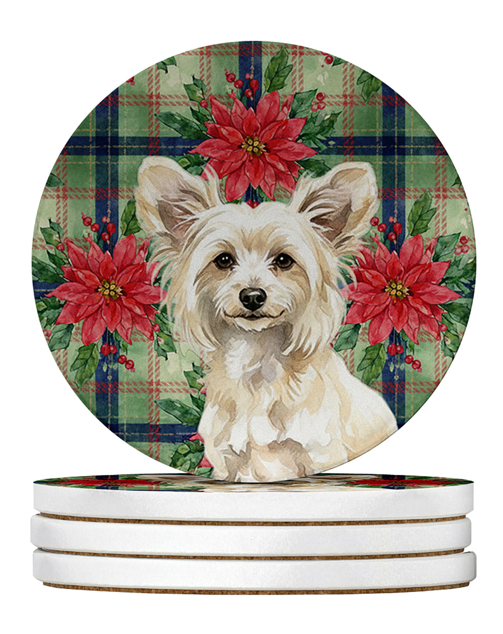 Caroline's Treasures Powderpuff Chinese Crested Christmas PoinsettIas Large Sandstone Coasters Pack of 4