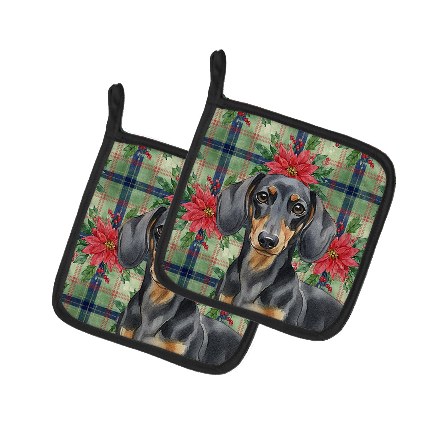 Caroline's Treasures Black and Tan Dachshund Christmas PoinsettIas Pair of Pot Holders