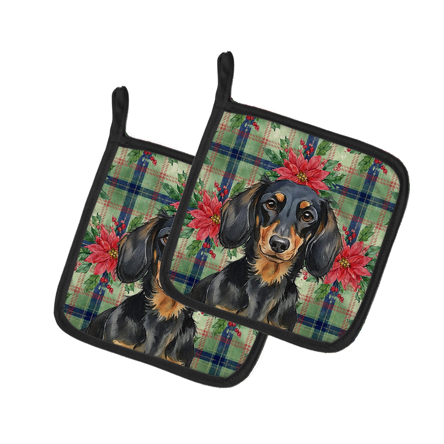 Caroline's Treasures Longhaired Black and Tan Dachshund Christmas PoinsettIas Pair of Pot Holders
