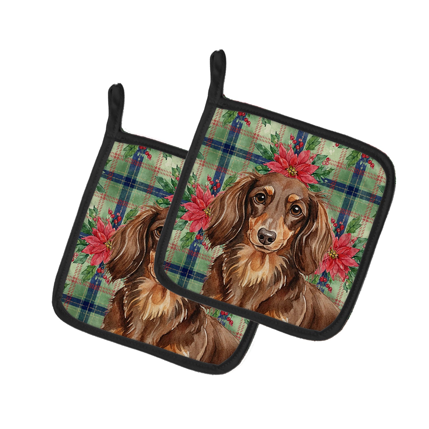 Caroline's Treasures Longhaired Chocolate and Tan Dachshund Christmas PoinsettIas Pair of Pot Holders