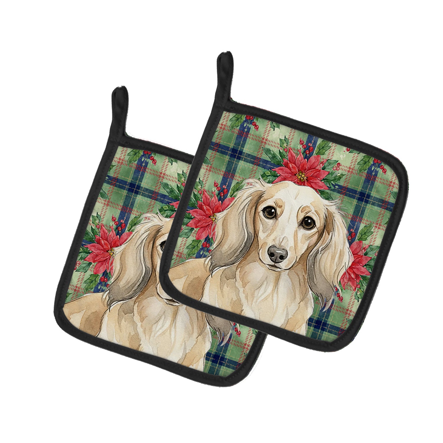 Caroline's Treasures Longhaired Cream Dachshund Christmas PoinsettIas Pair of Pot Holders