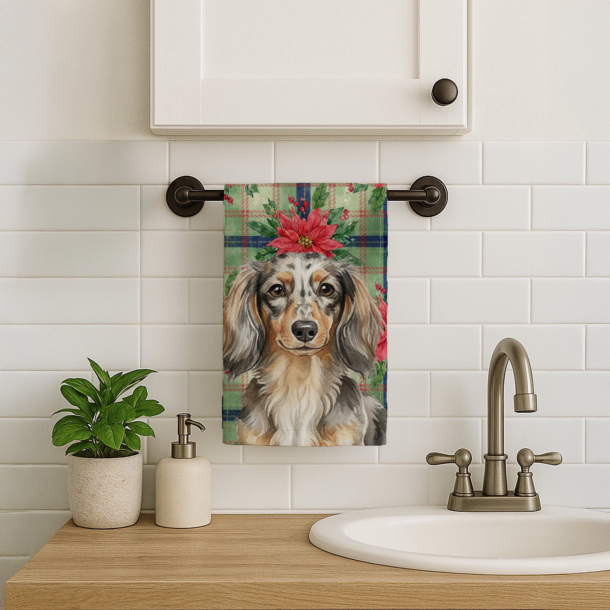 Caroline's Treasures Longhaired Dapple Dachshund Christmas PoinsettIas Kitchen Towel