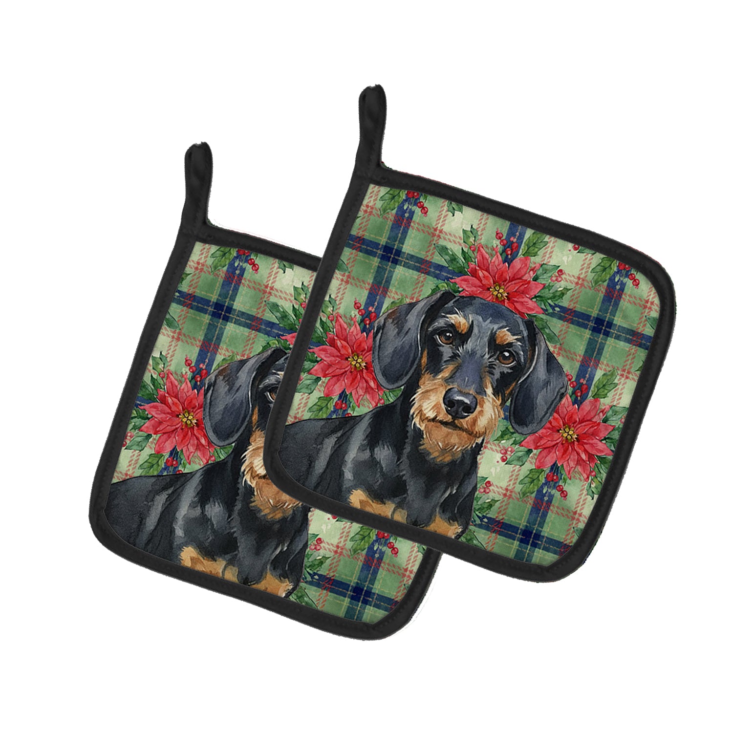 Caroline's Treasures Wirehaired Black and Tan Dachshund Christmas PoinsettIas Pair of Pot Holders