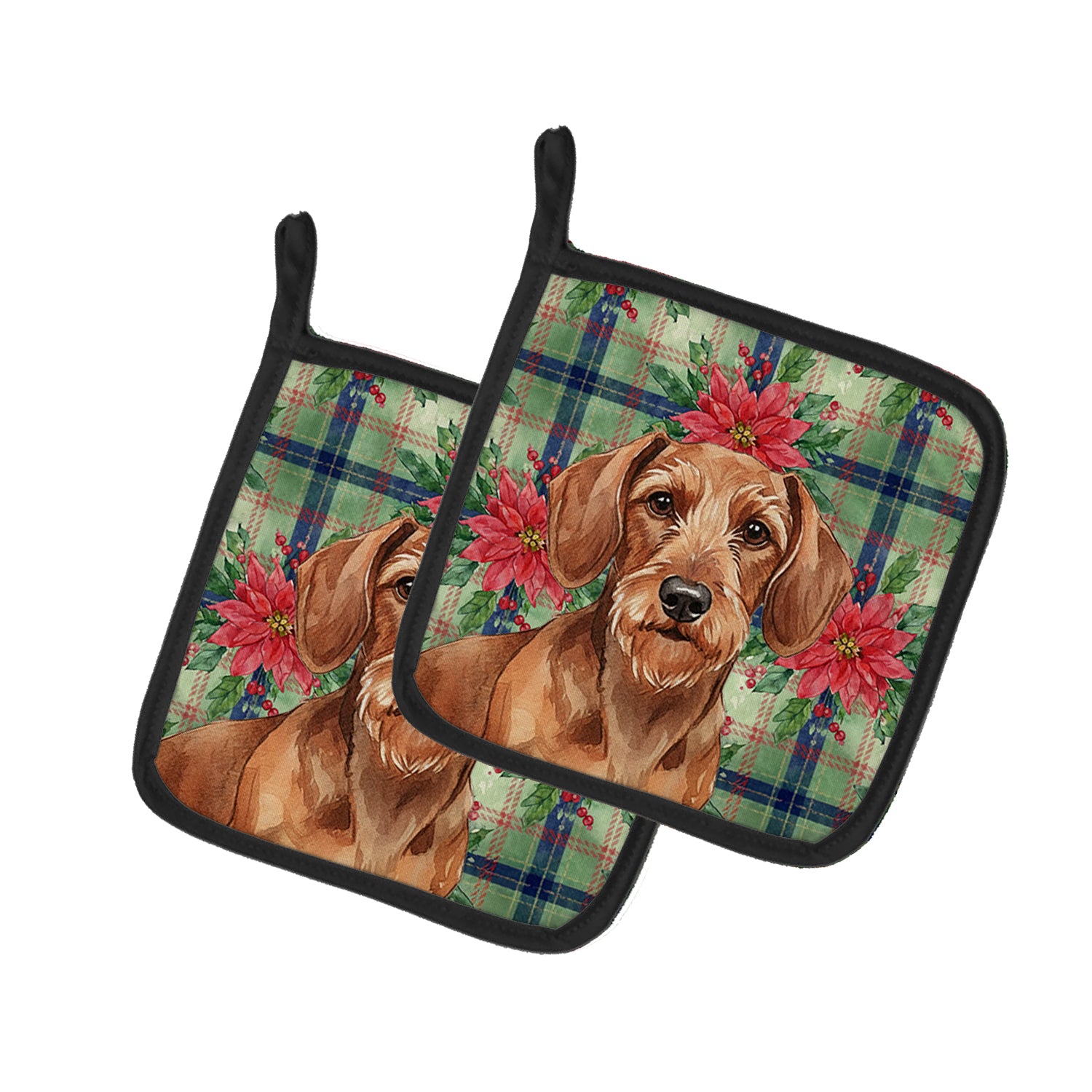 Caroline's Treasures Wirehaired Red Dachshund Christmas PoinsettIas Pair of Pot Holders
