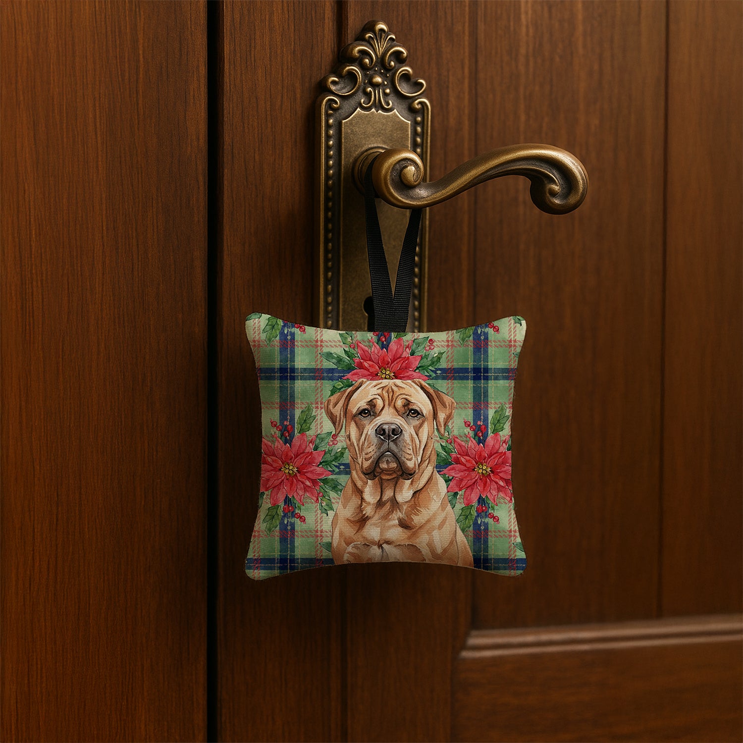 Caroline's Treasures Dogue de Bordeaux Christmas PoinsettIas Hanging Square Fabric Ornament 3.5 x 3.5
