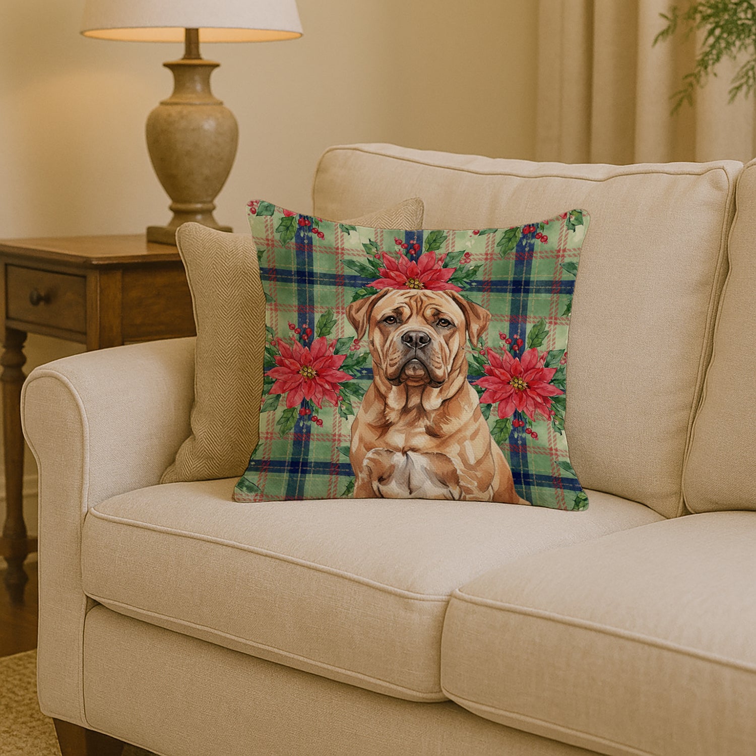 Caroline's Treasures Dogue de Bordeaux Christmas PoinsettIas Throw Pillow