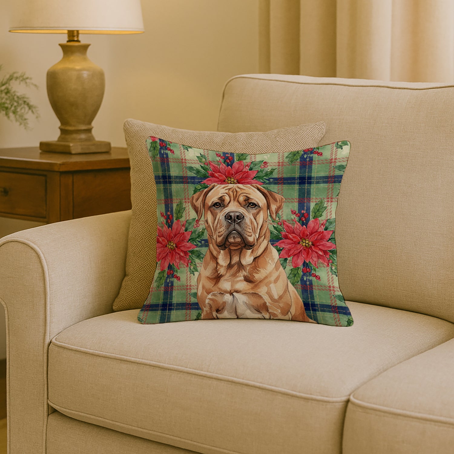 Caroline's Treasures Dogue de Bordeaux Christmas PoinsettIas Throw Pillow