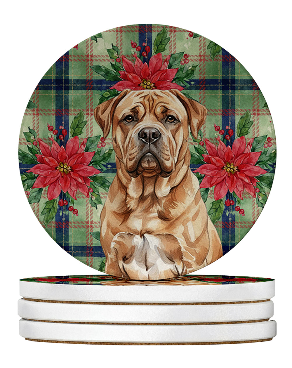 Caroline's Treasures Dogue de Bordeaux Christmas PoinsettIas Large Sandstone Coasters Pack of 4