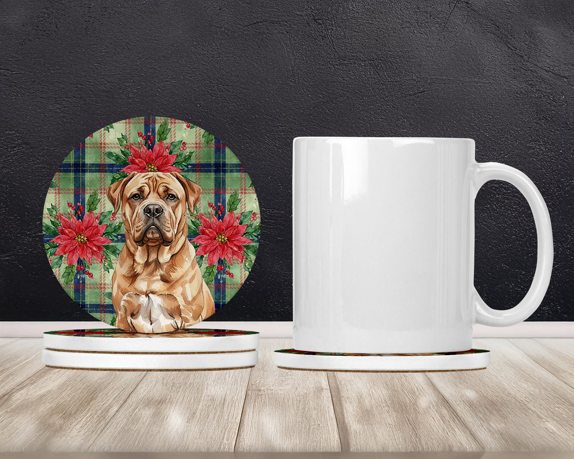 Caroline's Treasures Dogue de Bordeaux Christmas PoinsettIas Large Sandstone Coasters Pack of 4