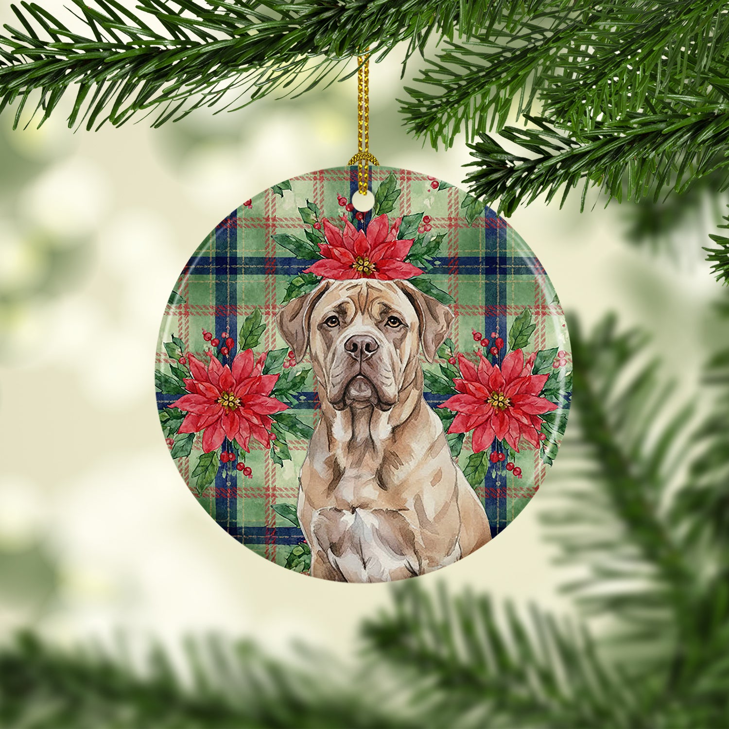 Caroline's Treasures Isabella Dogue de Bordeaux Christmas PoinsettIas Ceramic Ornament