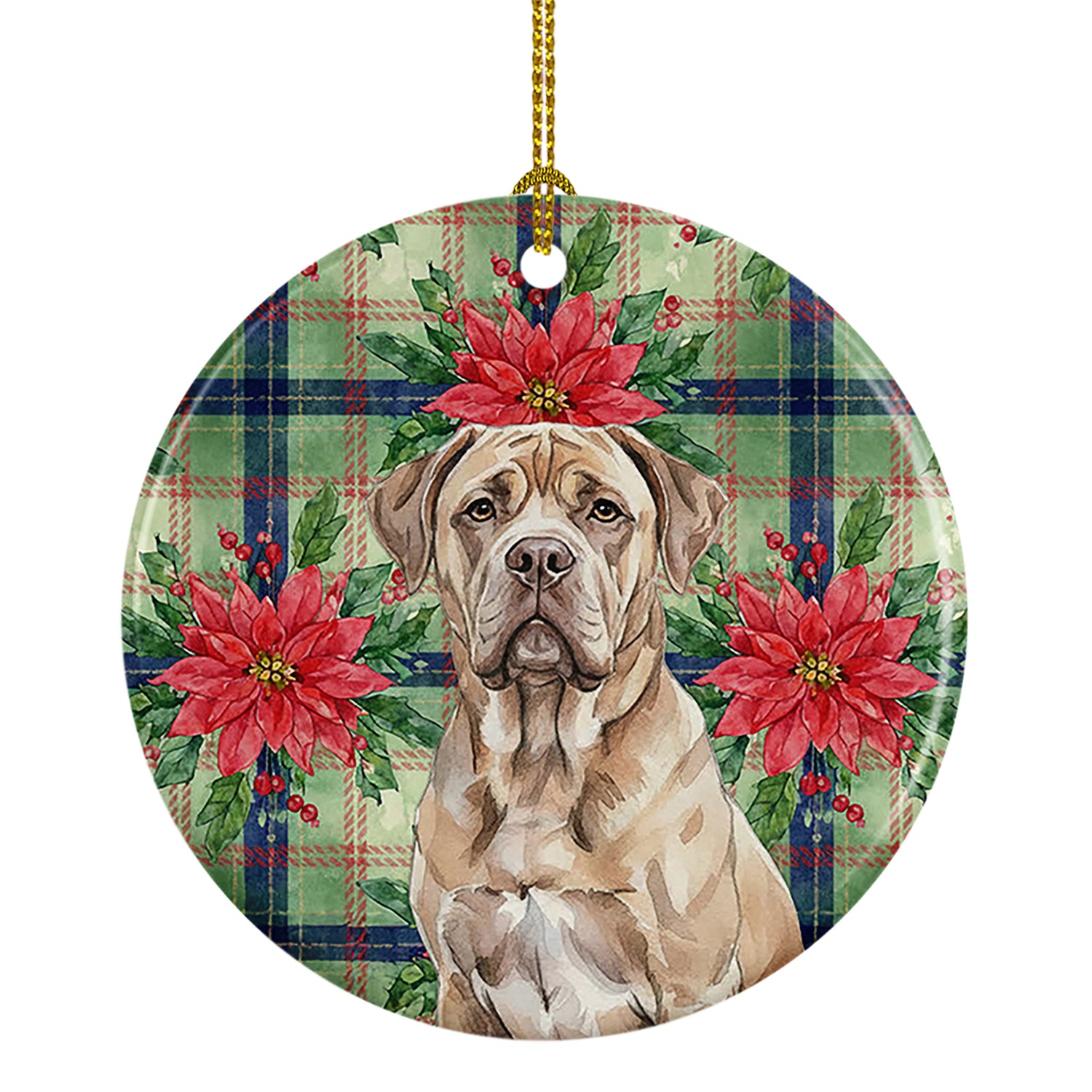 Caroline's Treasures Isabella Dogue de Bordeaux Christmas PoinsettIas Ceramic Ornament