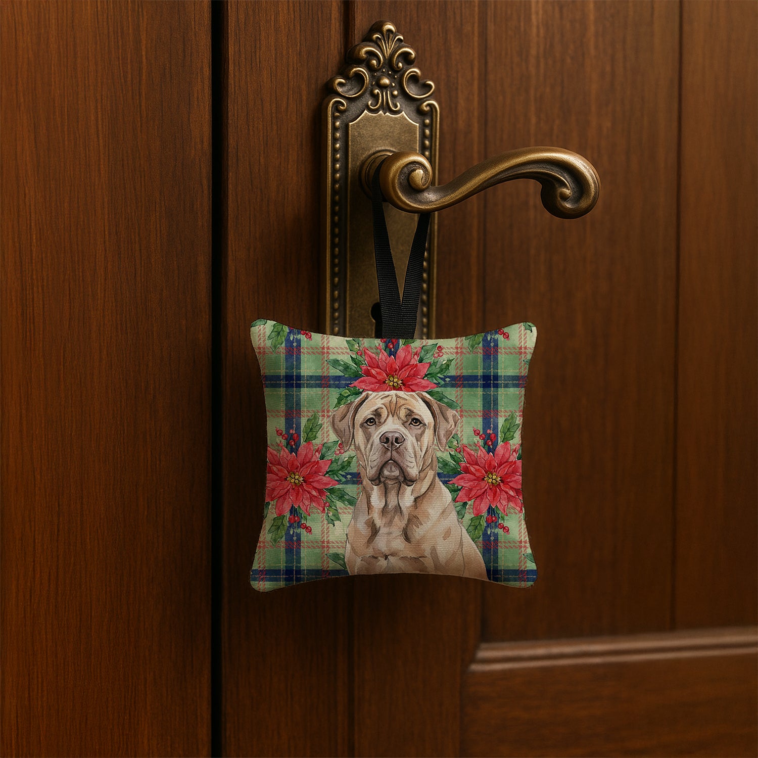 Caroline's Treasures Isabella Dogue de Bordeaux Christmas PoinsettIas Hanging Square Fabric Ornament 3.5 x 3.5