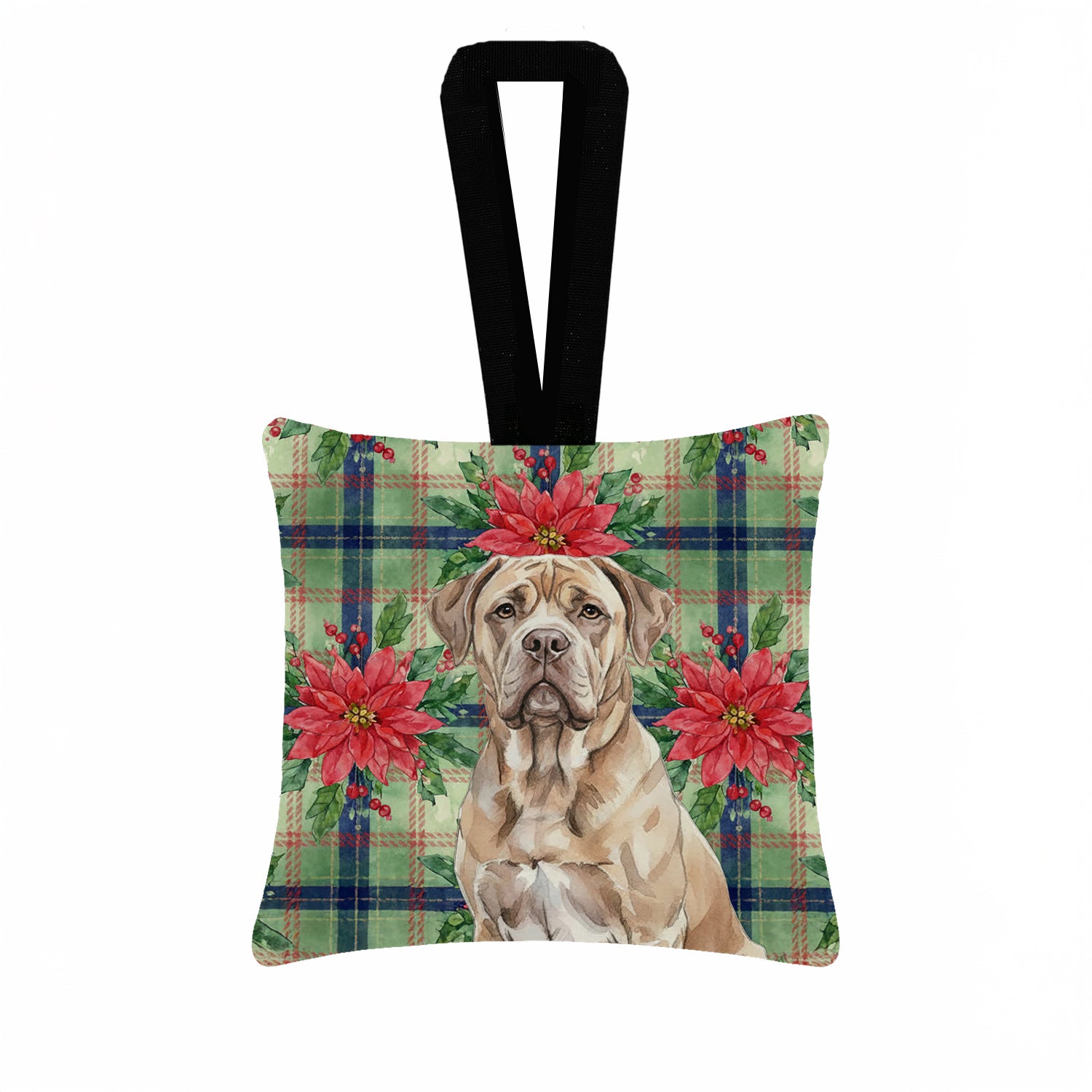 Caroline's Treasures Isabella Dogue de Bordeaux Christmas PoinsettIas Hanging Square Fabric Ornament 3.5 x 3.5