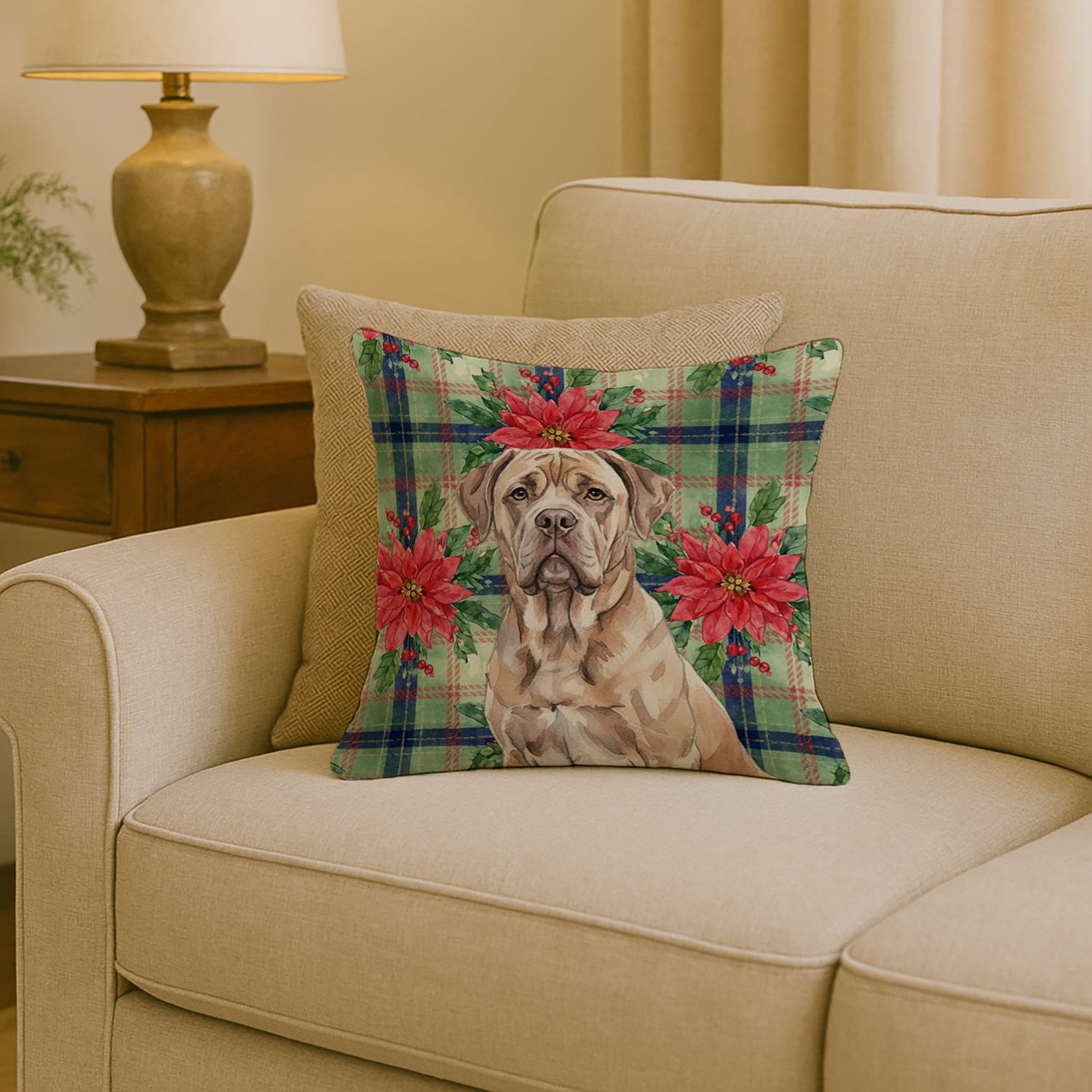 Caroline's Treasures Isabella Dogue de Bordeaux Christmas PoinsettIas Throw Pillow