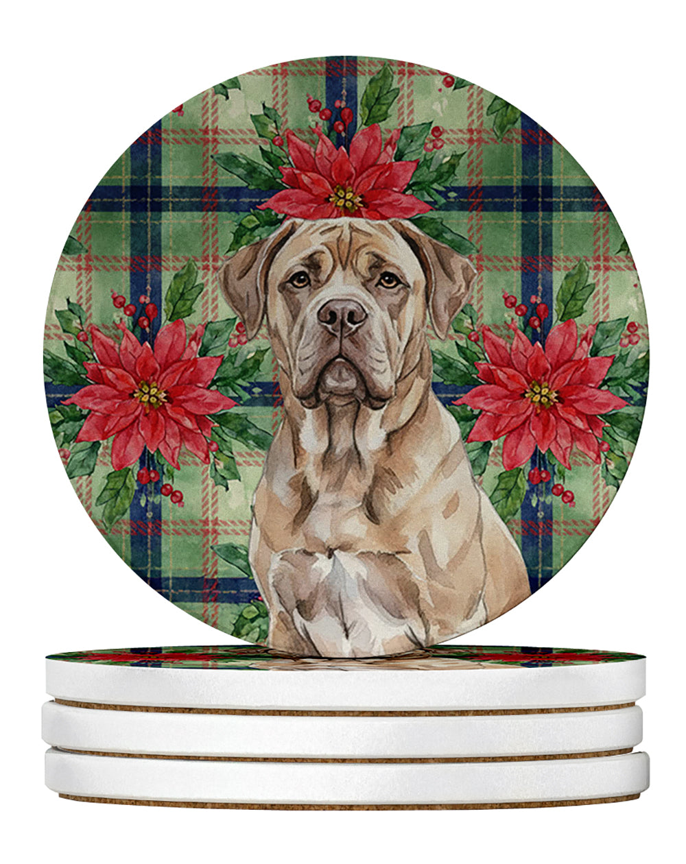 Caroline's Treasures Isabella Dogue de Bordeaux Christmas PoinsettIas Large Sandstone Coasters Pack of 4